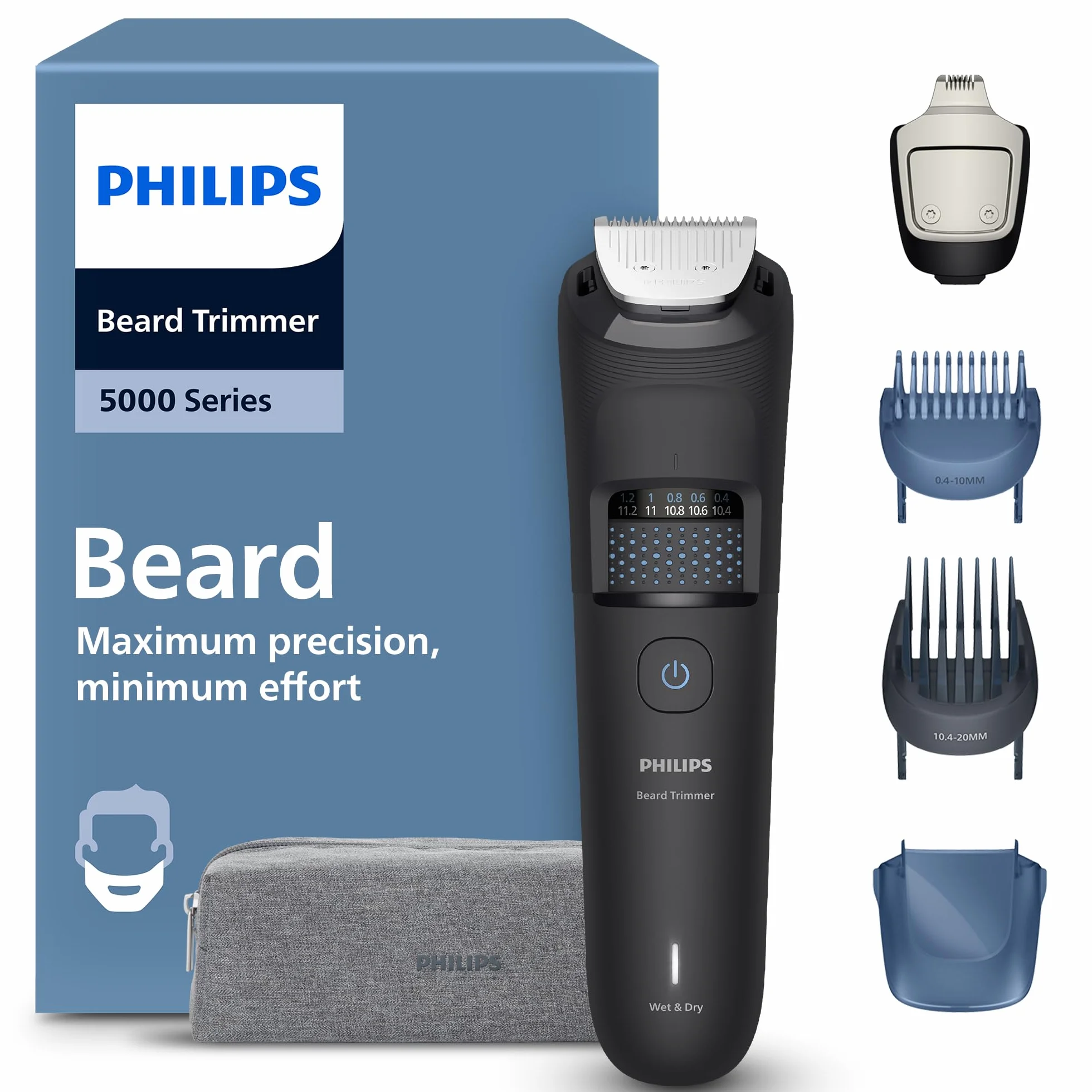 Trymer do brody Philips z serii 5000 – samoostrzące się metalowe ostrza, 40 ustawień długości, technologia BeardSense, zbiornik na włosy, 100% wodoodporności, etui podróżne, model BT5765/15