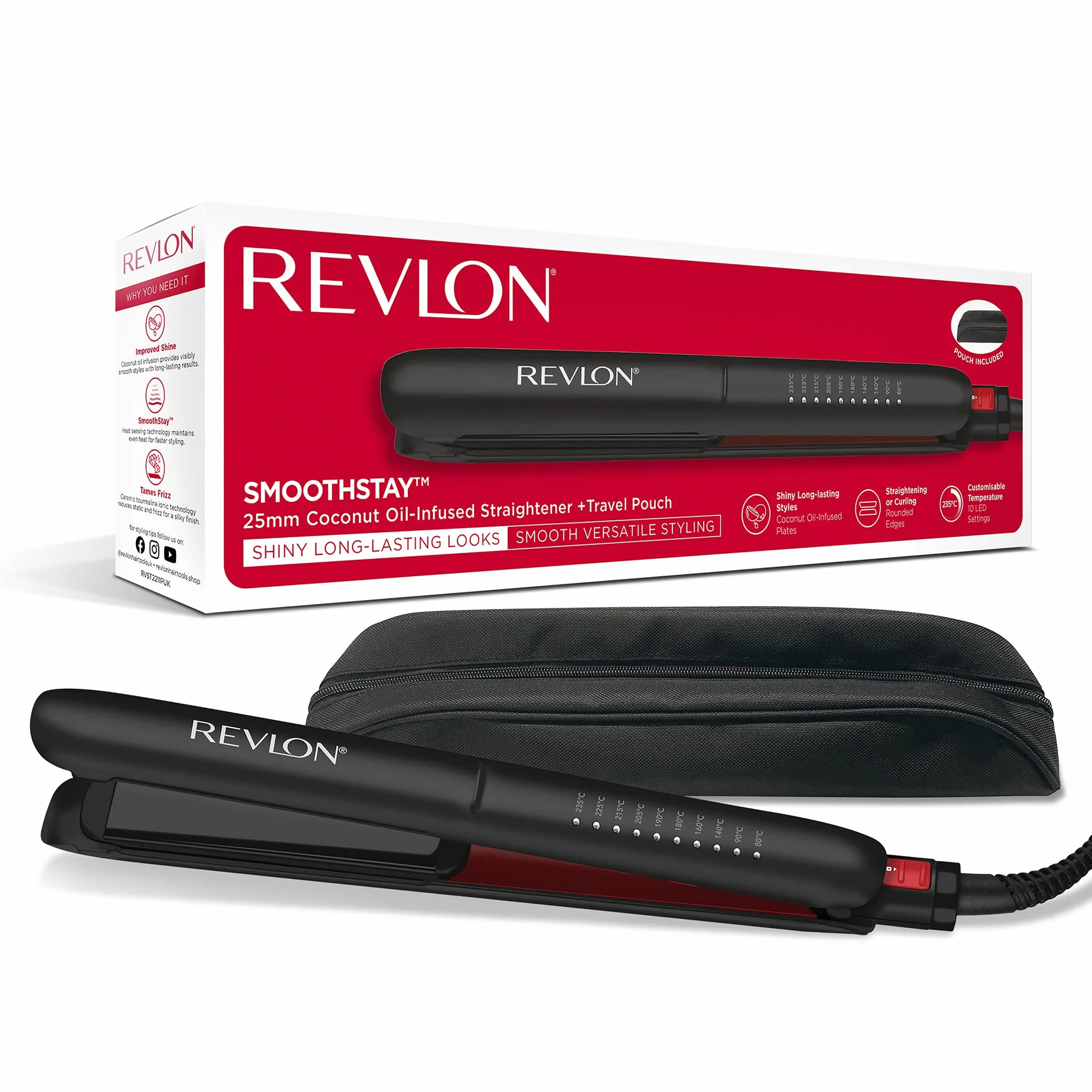 Revlon Smoothstay Coconut Oil-Infused Hair Straightener (25mm Triple-Coated Ceramic Plates, Floating Plates with Rounded Edges, Customizable Temperature up to 235°C, Travel Pouch Included) RVST2211P