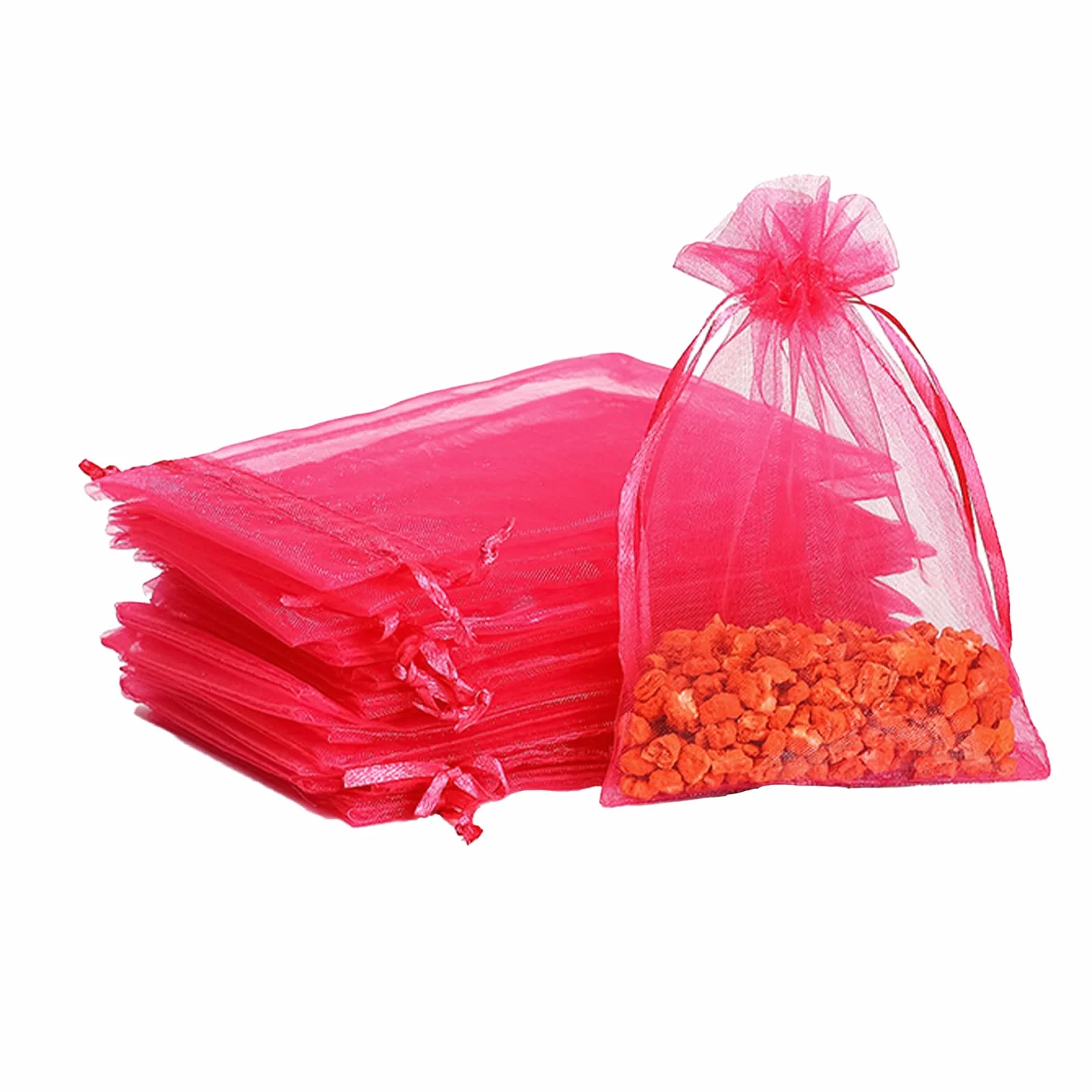 100 szt. woreczki z organzy w kolorze różowo-czerwonym, małe woreczki z organzy 7x9 cm, torebki na biżuterię ślubną z troczkiem, siateczkowe woreczki na słodycze na przyjęcia, woreczki na słodycze na