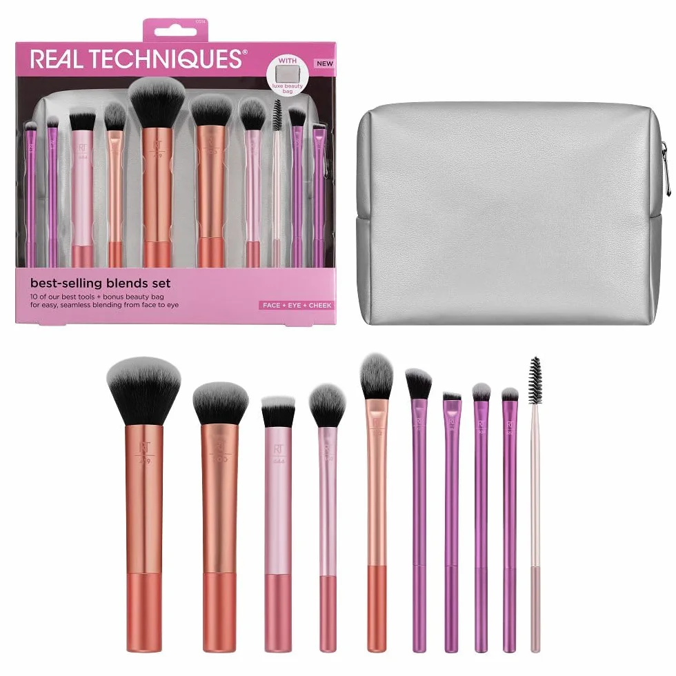 Real Techniques Blends Set, 10-Piece Makeup Brush Collection with Beauty Bag for Face and Eye, Use with Liquid, Cream, or Powder, Vegan, Cruelty-Free, Travel-Friendly, Easy to Clean
