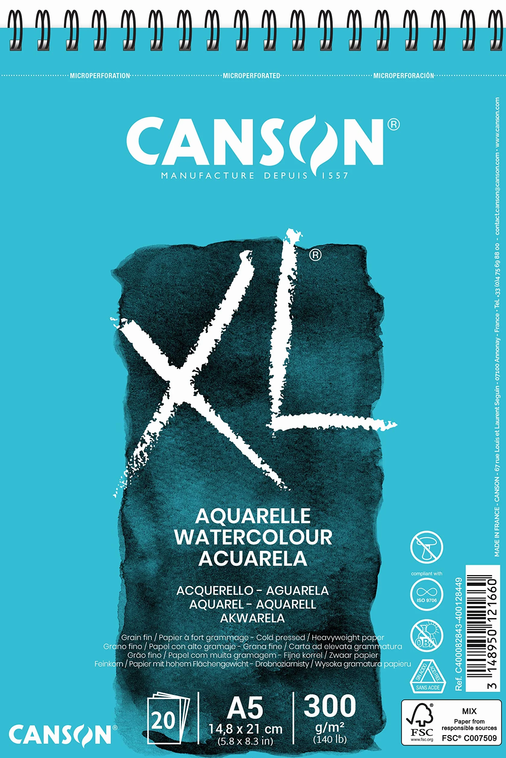 Canson Oxford Akwarela A5 Rysunek Papier Pad 20 Arkuszy, X-Duzy, Wielokolorowy