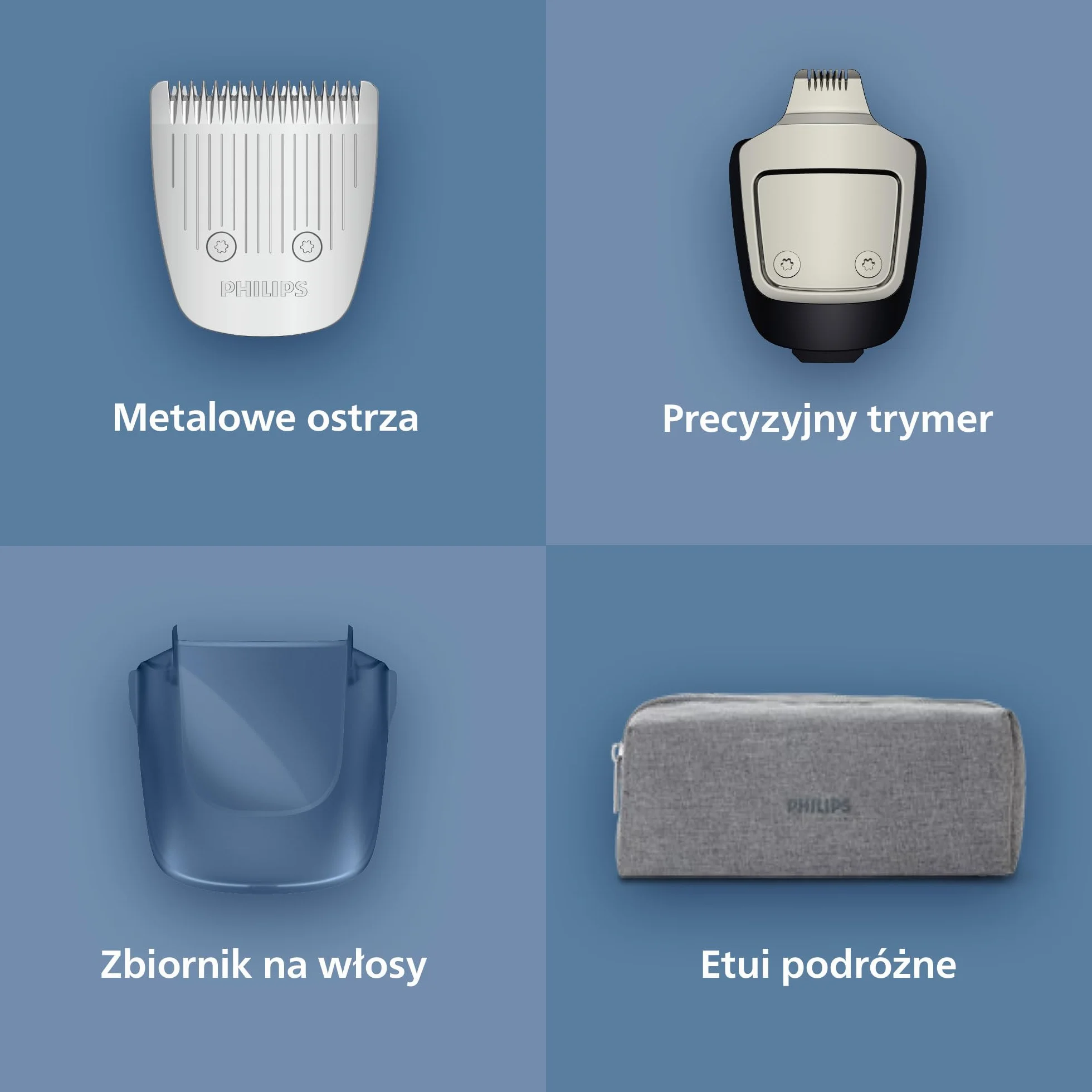 Trymer do brody Philips z serii 5000 – samoostrzące się metalowe ostrza, 40 ustawień długości, technologia BeardSense, zbiornik na włosy, 100% wodoodporności, etui podróżne, model BT5765/15