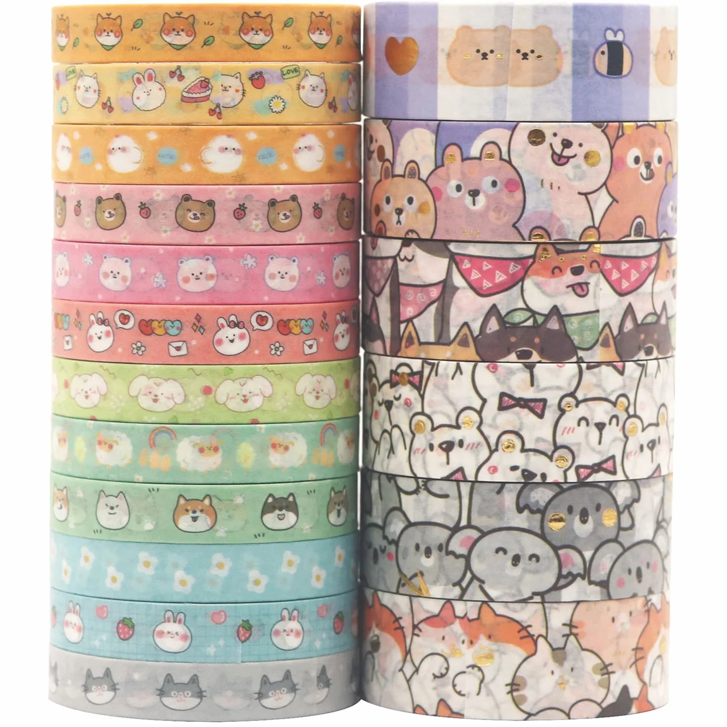 Zestaw uroczych taśm Washi, 18 rolek, złote zdobienie, kawaii, dekoracyjne taśmy maskujące do sztuki, rękodzieła, dzienników, planerów, scrapbookingu, pakowania szczeniąt