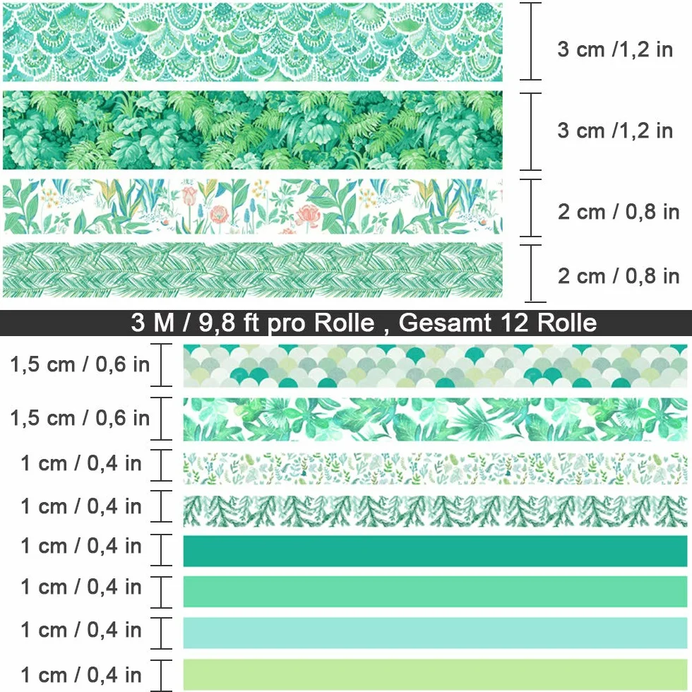 Taśma Washi, taśma maskująca Washi zestaw do majsterkowania, pastelowa ozdobna taśma klejąca, 12 rolek Verschieden Mustern, Grüne Mintze