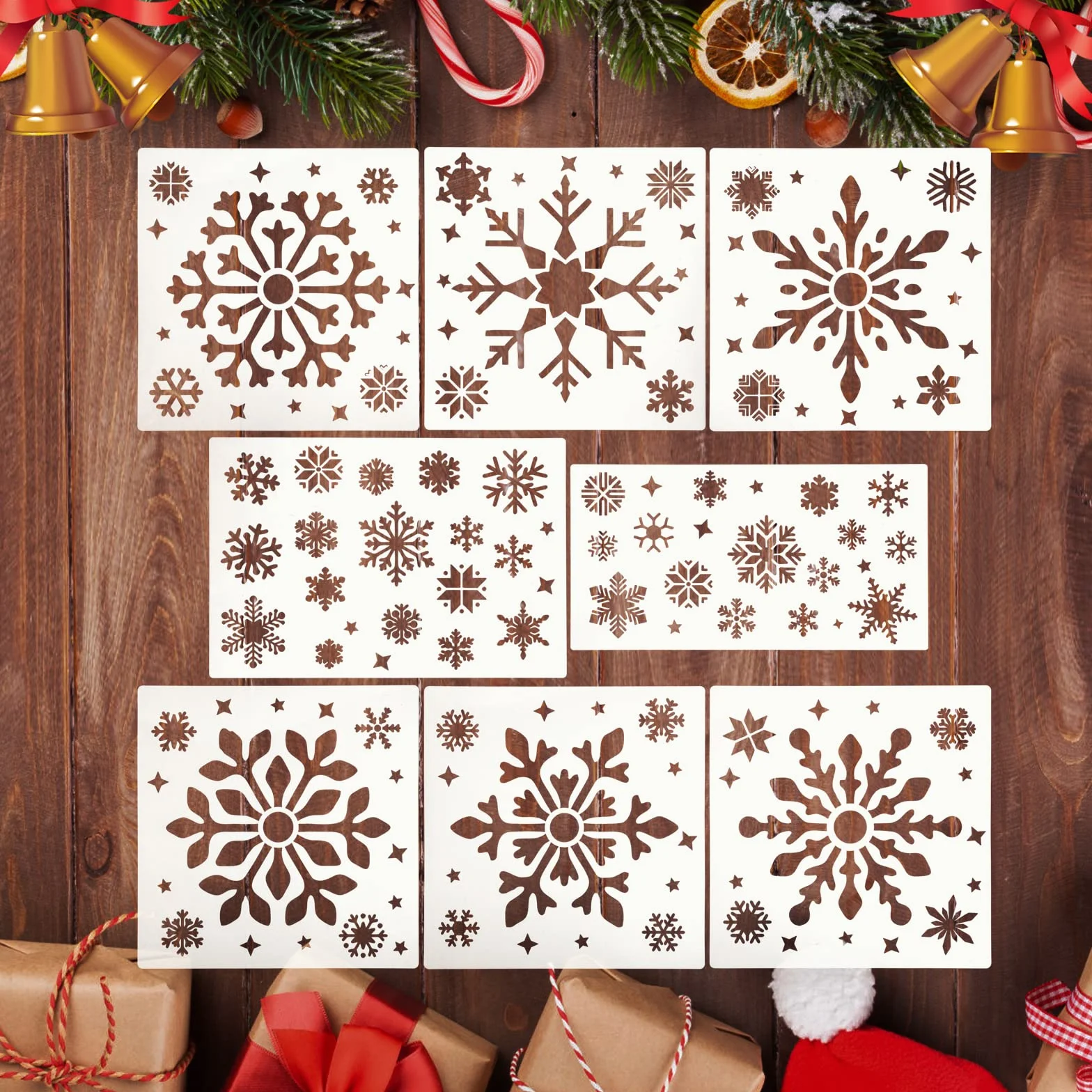 8 PCS Szablon płatka śniegu do rękodzieła, szablon świąteczny wielokrotnego użytku Zimowy świąteczny szablon płatka śniegu Szablon płatka śniegu DIY do malowania na drewnie, pudełku prezentowym oknach