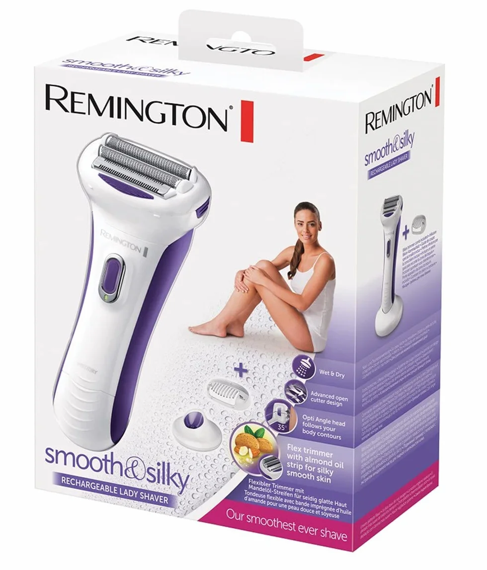 Remington golarka damska, podwójne hipoalergiczne folie z otwartymi ostrzami, nasączona ekstraktem z migdałów, golenie na sucho i mokro, ergonomiczny kąt, biały/fioletowy, Smooth&Silky WDF5030