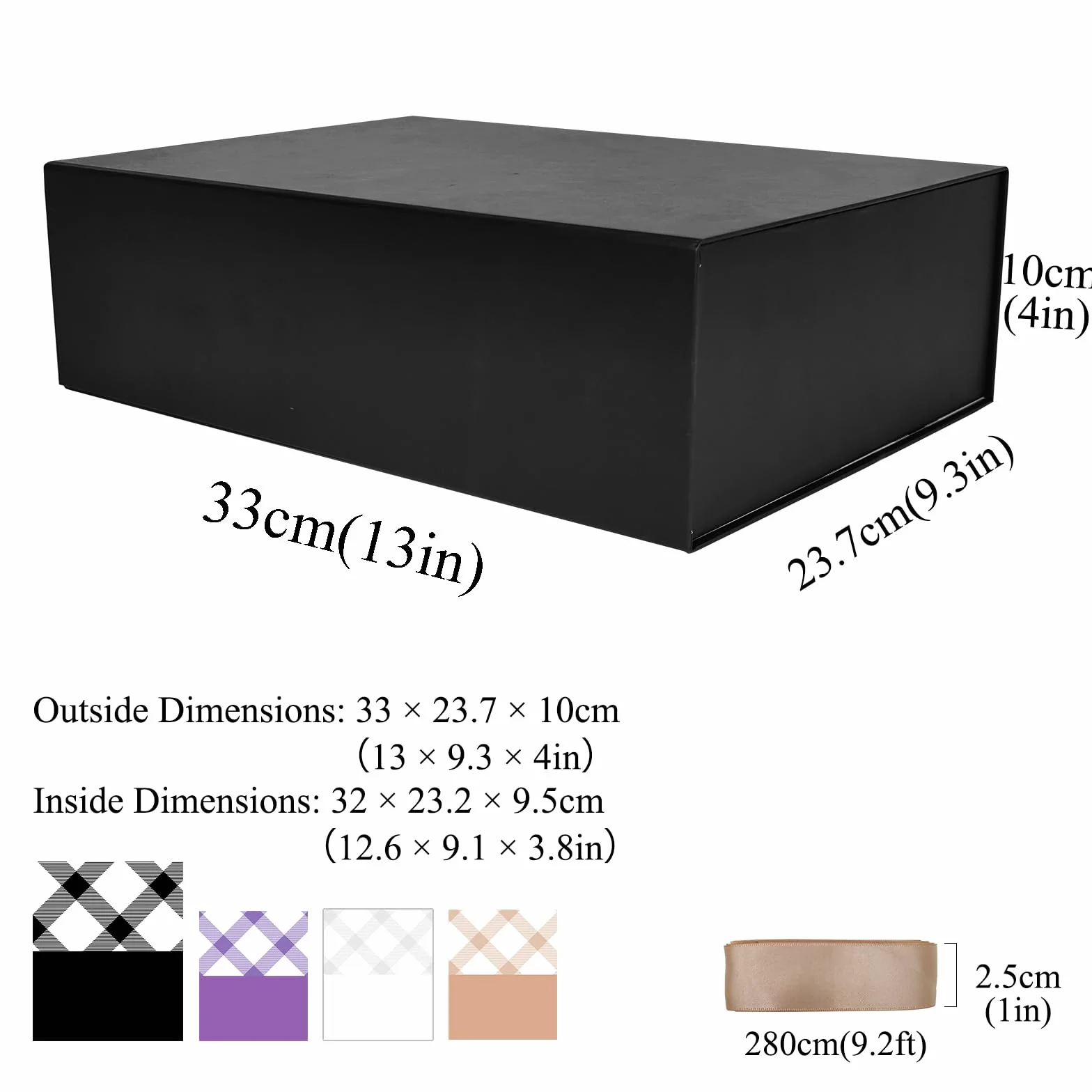 Tekhoho Duże czarne pudełko prezentowe 33 x 23,7 x 10 cm, wysokiej jakości pudełko prezentowe z magnetyczną pokrywką i wstążką prezentową na święta, ślub, urodziny, do pakowania prezentów, podszewki