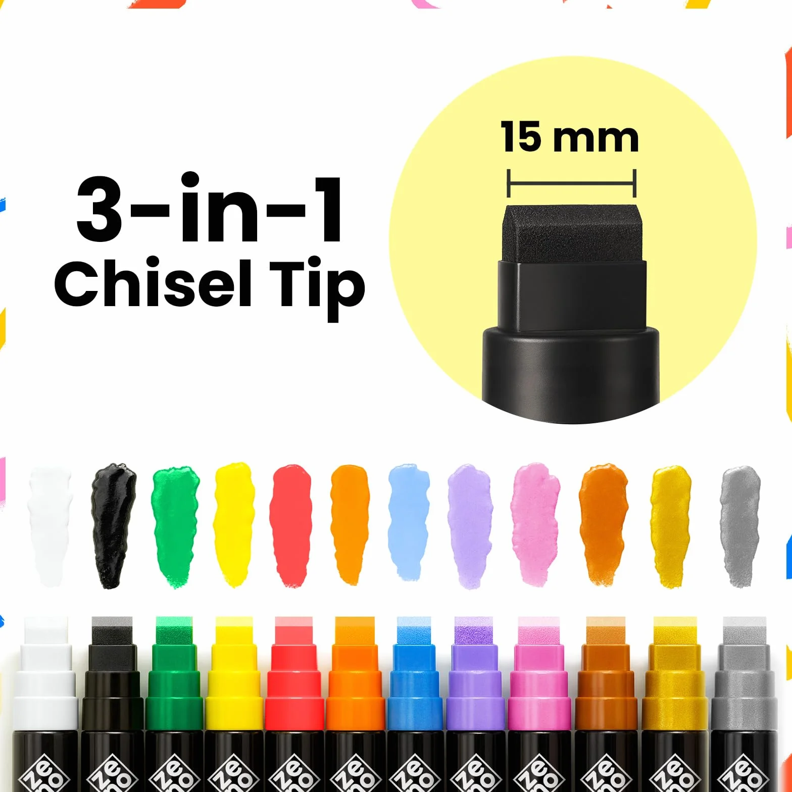 ZENO Jumbo akrylowe markery - 12 żywych kolorów, końcówka Chisel 3 w 1 15 mm, wodoodporne markery do drewna, tkanin, kamienia, szkła, rzemiosła i dzieci