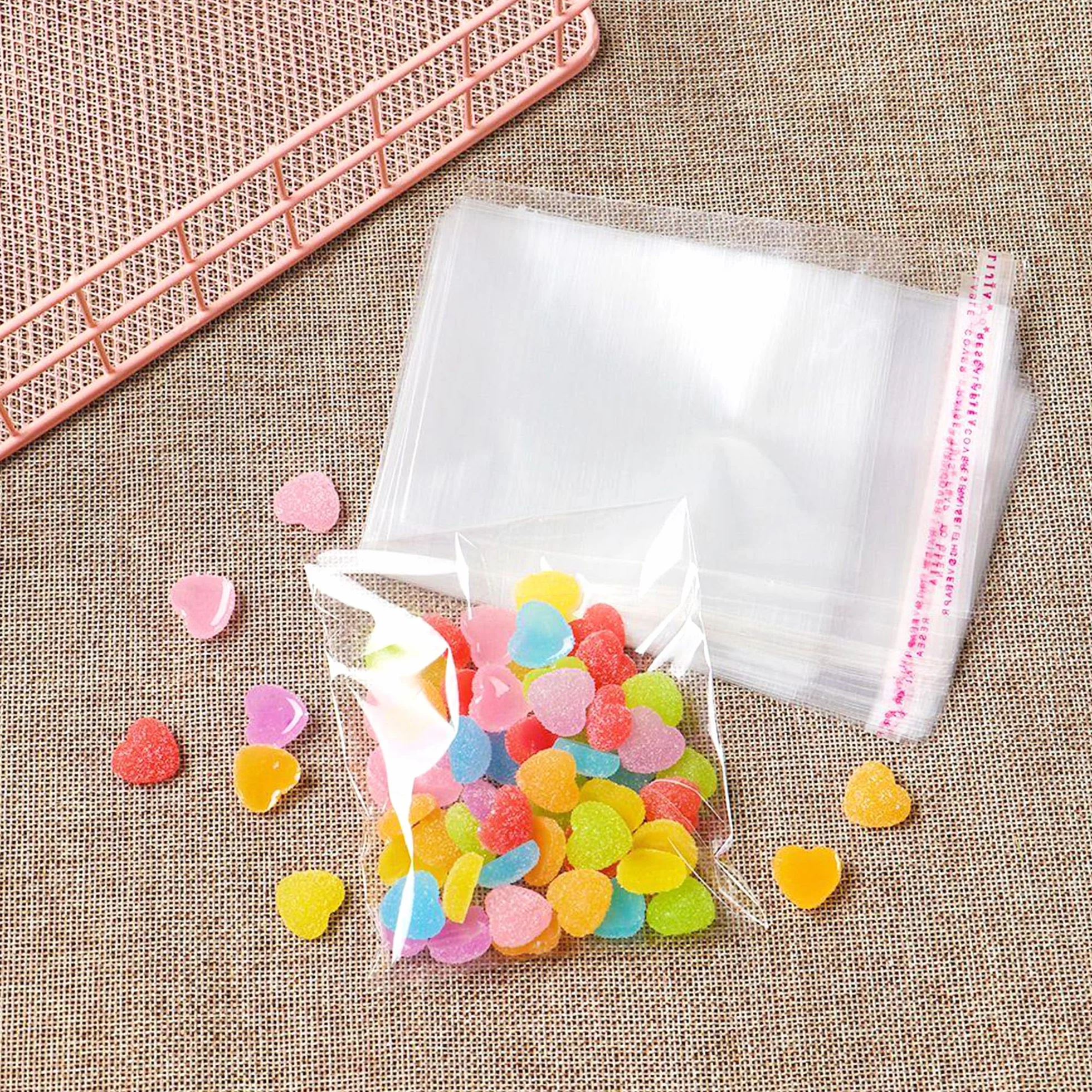 100 sztuk torebek celofanowych, torebek plastikowych, samoprzylepnych, 6 x 10 cm, torebki celofanowe, małe torebki na słodycze, torebki OPP, mini torebki z zamknięciem na ciastka, prezenty