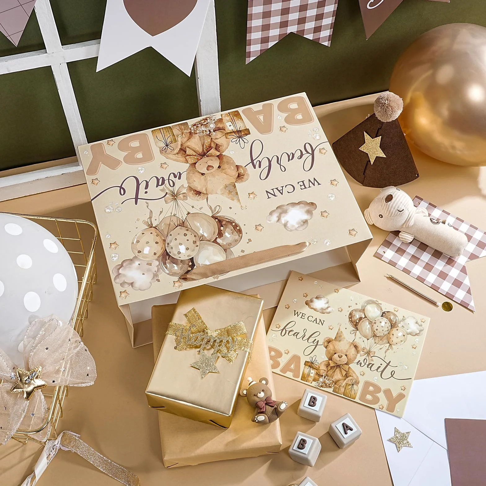 Loveinside 33 cm Niedźwiedź Baby Shower Torby na prezenty urodzinowe z bibułką i kartką - brązowy miś papierowe torby dla dzieci chłopców dziewcząt przyjęcie urodzinowe baby shower artykuły