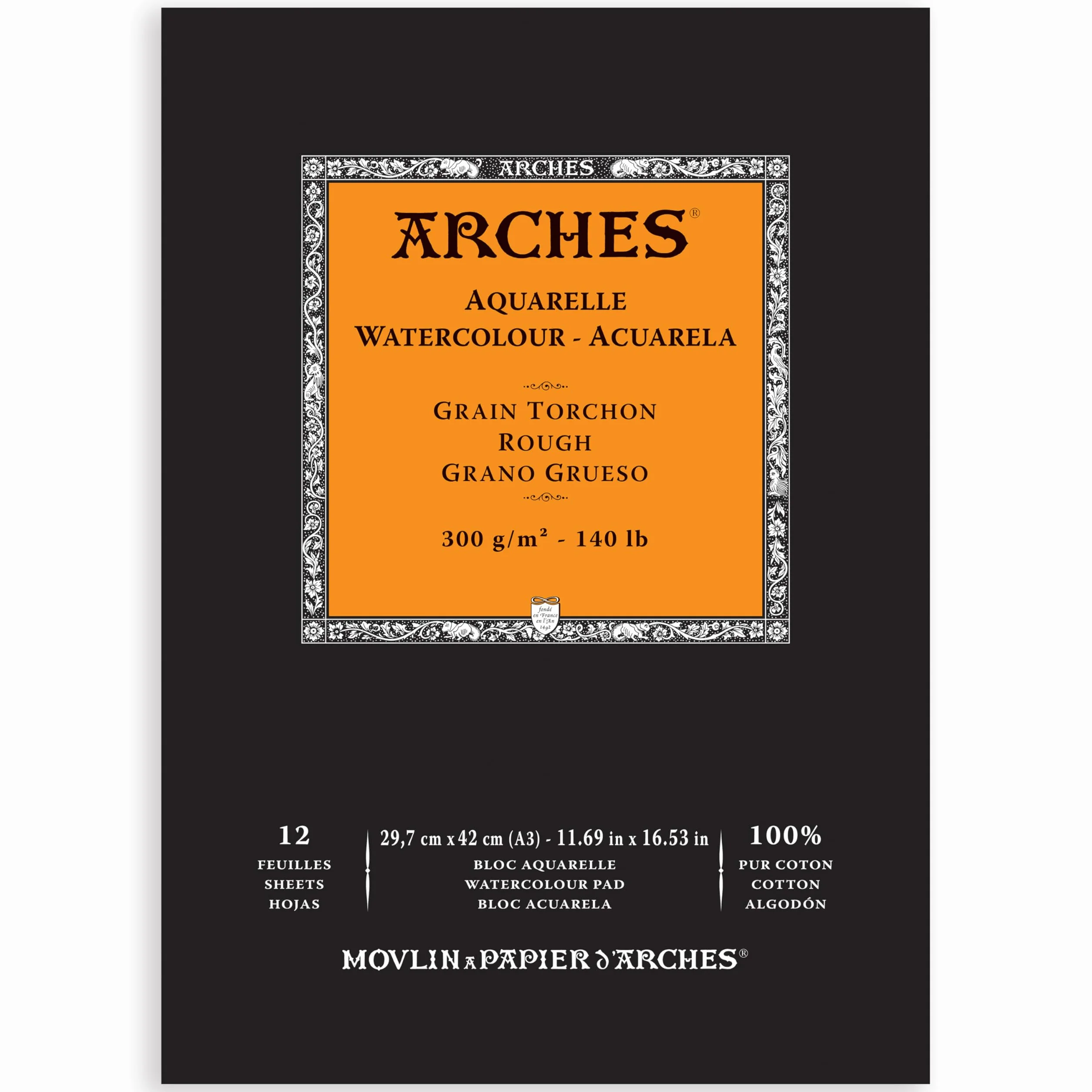Arches 1795104 papier akwarelowy w bloku (A3: 42 x 29,7 cm, klejony na głowę, 300 g/m² gruboziarnisty) 12 arkuszy naturalnej bieli