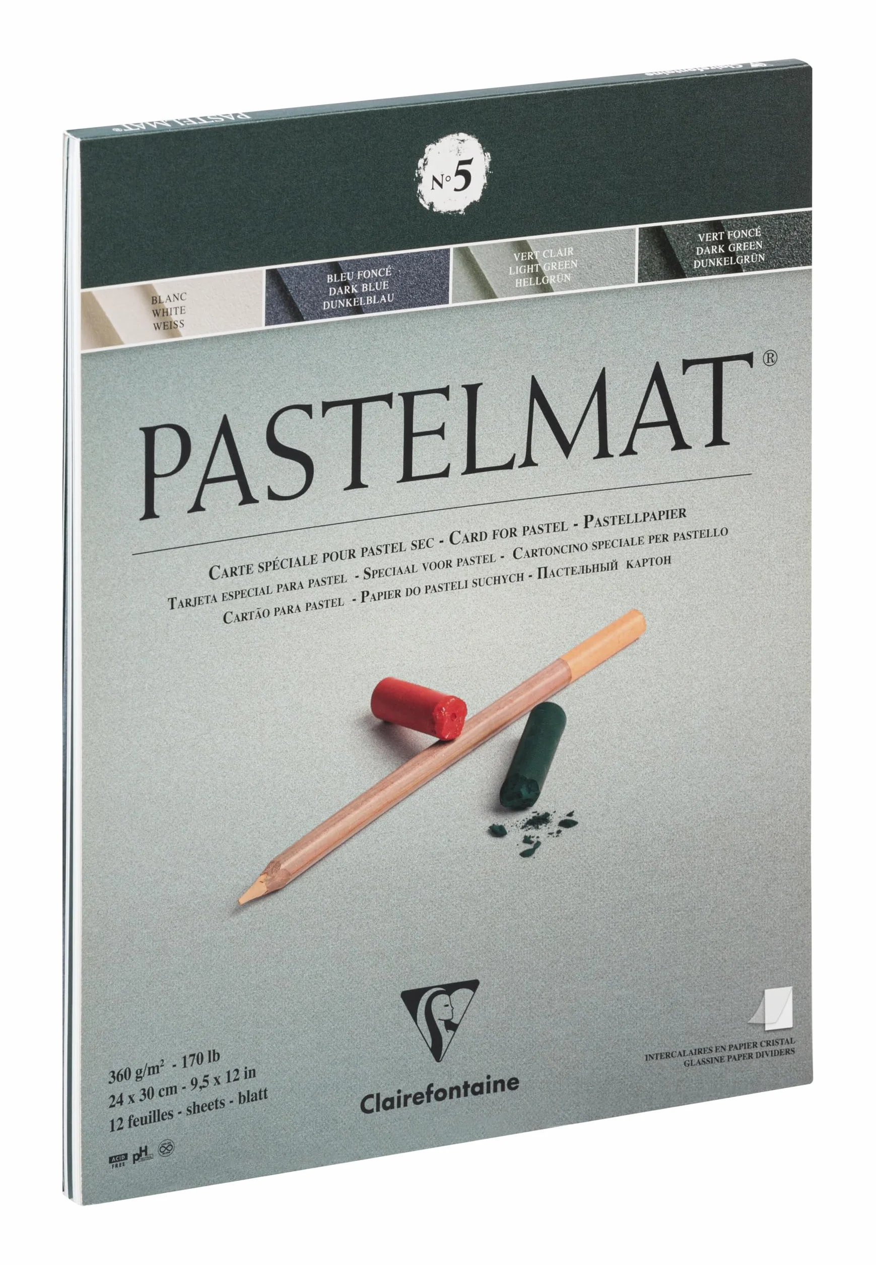 Clairefontaine 96114C Blok Pastelmat n°5 – 12 arkuszy specjalnego papieru do pasteli suchych – 24x30 cm 360g – 4 kolory – przekładki z papieru krystalicznego