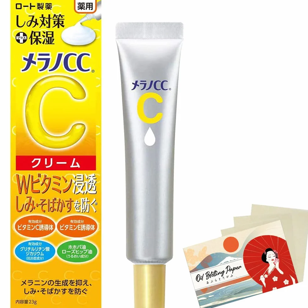 Rohto Melano CC Medicinal Stain Measures krem nawilżający, 23 g, zestaw papieru blotting paper