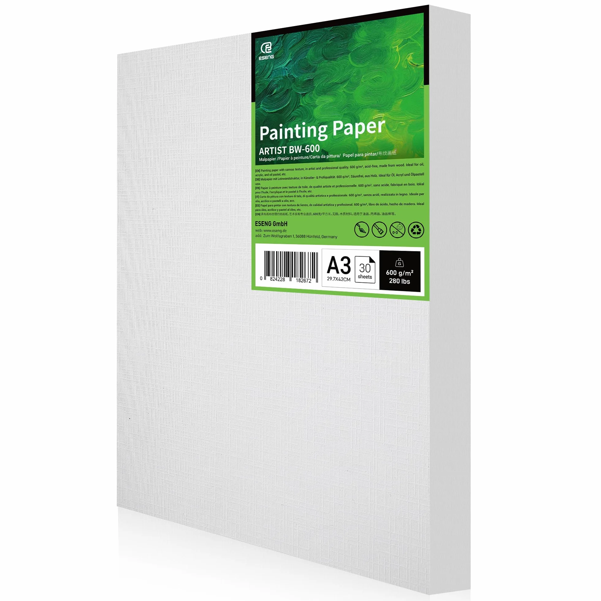 ESENG® Papier do malowania o strukturze płótna, A3, 600 g/m2, 30 arkuszy, jakość artystyczna, nadaje się do malowania olejnego, farb akrylowych i pasteli olejnych