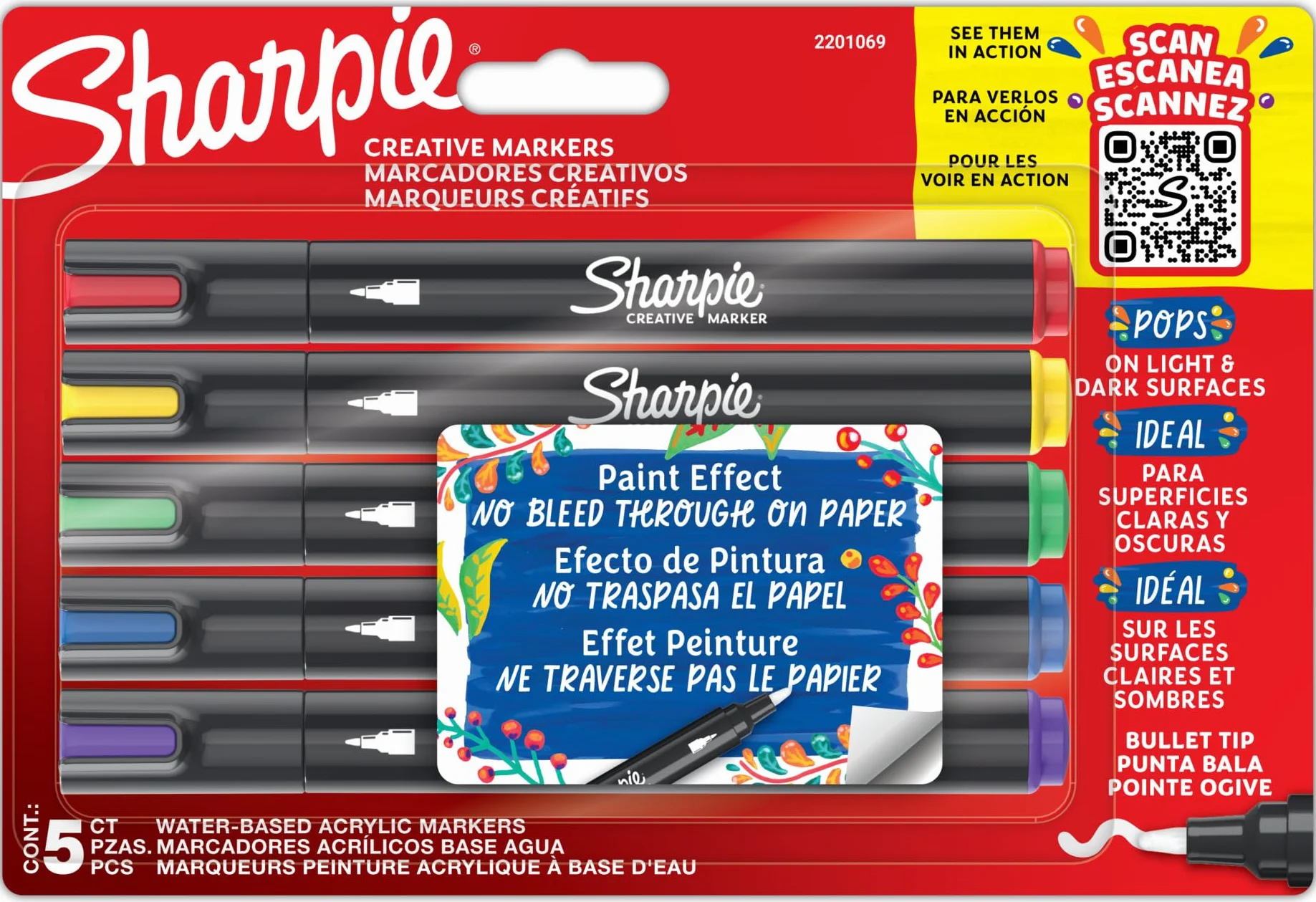 Markery artystyczne Sharpie z farbą akrylową | Farba na bazie wody | Nie przeciekający tusz umożliwia pisanie na większości powierzchni | Końcówka stożkowa | Różne kolory | 5 sztuk