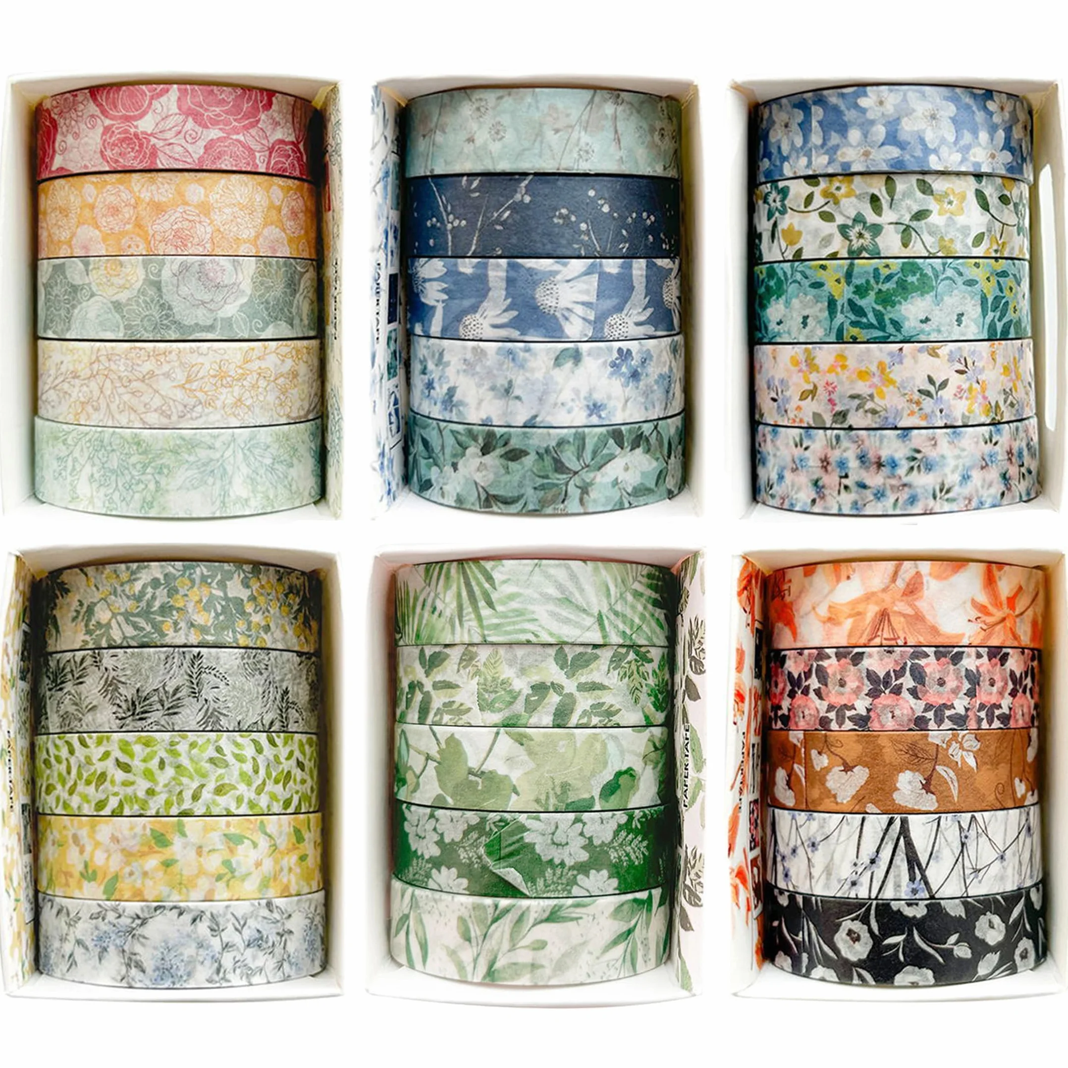 Kwiaty Washi Tape zestaw 30 rolek wzorów kwiatowych, dekoracyjne, wąskie, maskujące taśmy do sztuki, rękodzieła, dzienników, planerów, scrapbookingu, owijania (Greens Thrive)