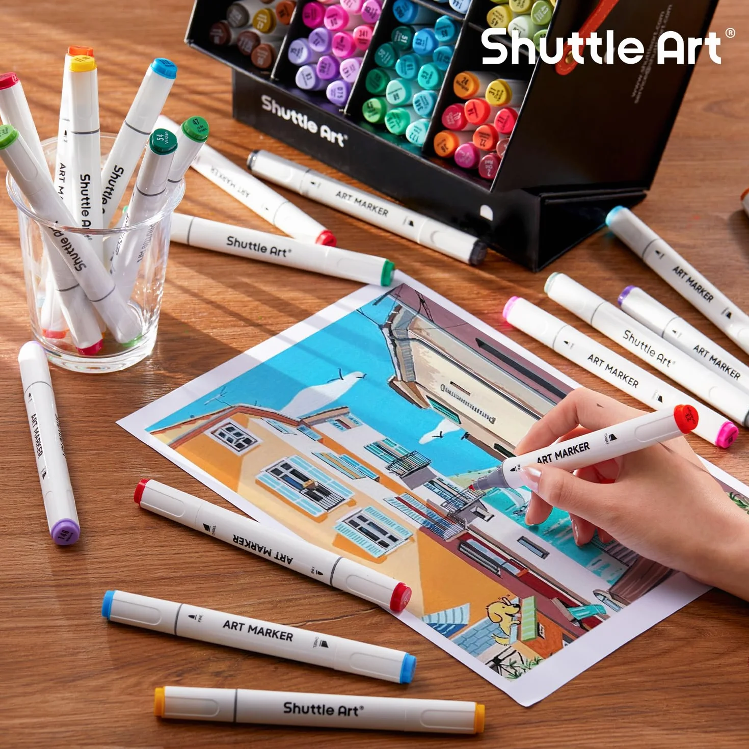 Shuttle Art 121 kolorów markerów alkoholowych, profesjonalne pisaki artystyczne z podwójną końcówką i bezbarwny blender, flamastry z etui dla artystów, dorosłych, ilustracja, kolorowanie, szkicowanie