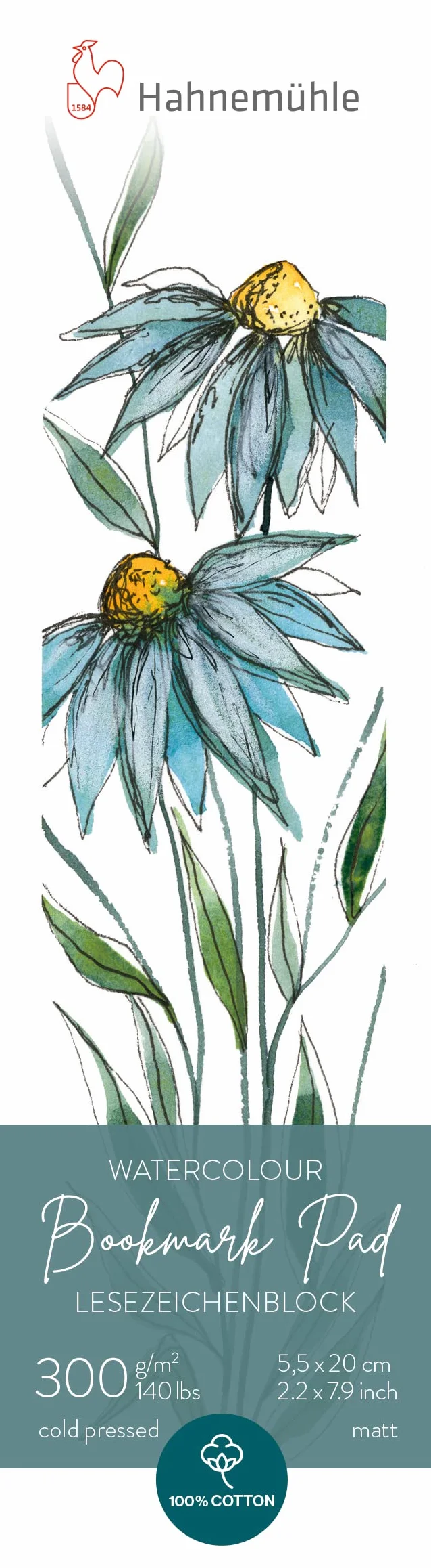 Hahnemühle Watercolour Bookmark Pad, akwarelowy blok do zakładek, 100% bawełna, matowa, 300 g/m², 5,5 x 20 cm, 15 arkuszy