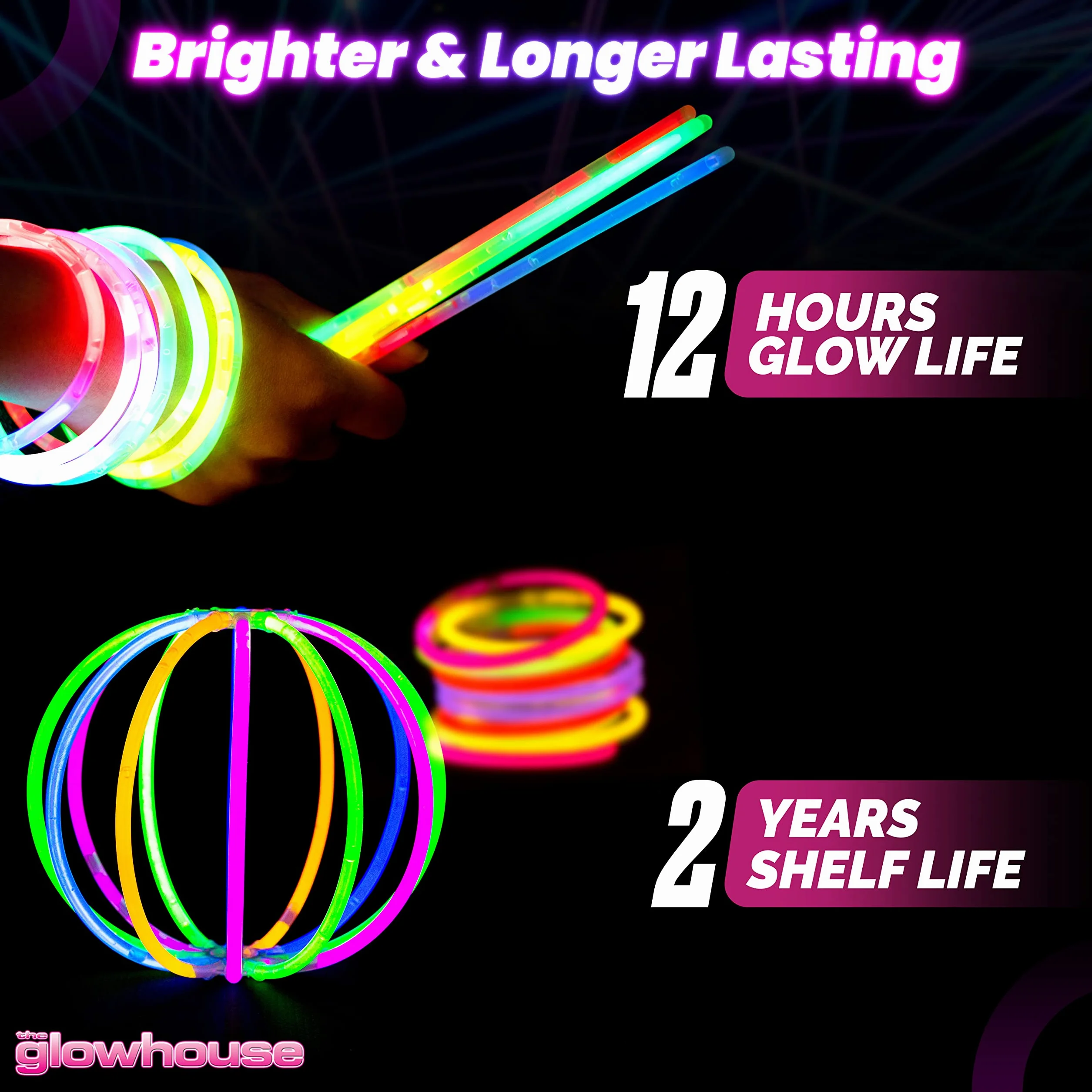 The Glowhouse UK Premium świecące pałeczki dla dzieci dorośli luzem 205 szt. Party Pack zawiera zestaw świecących okularów i łączniki do bransoletek i naszyjników. Mieszane jasne, długotrwałe świecące pałeczki UK