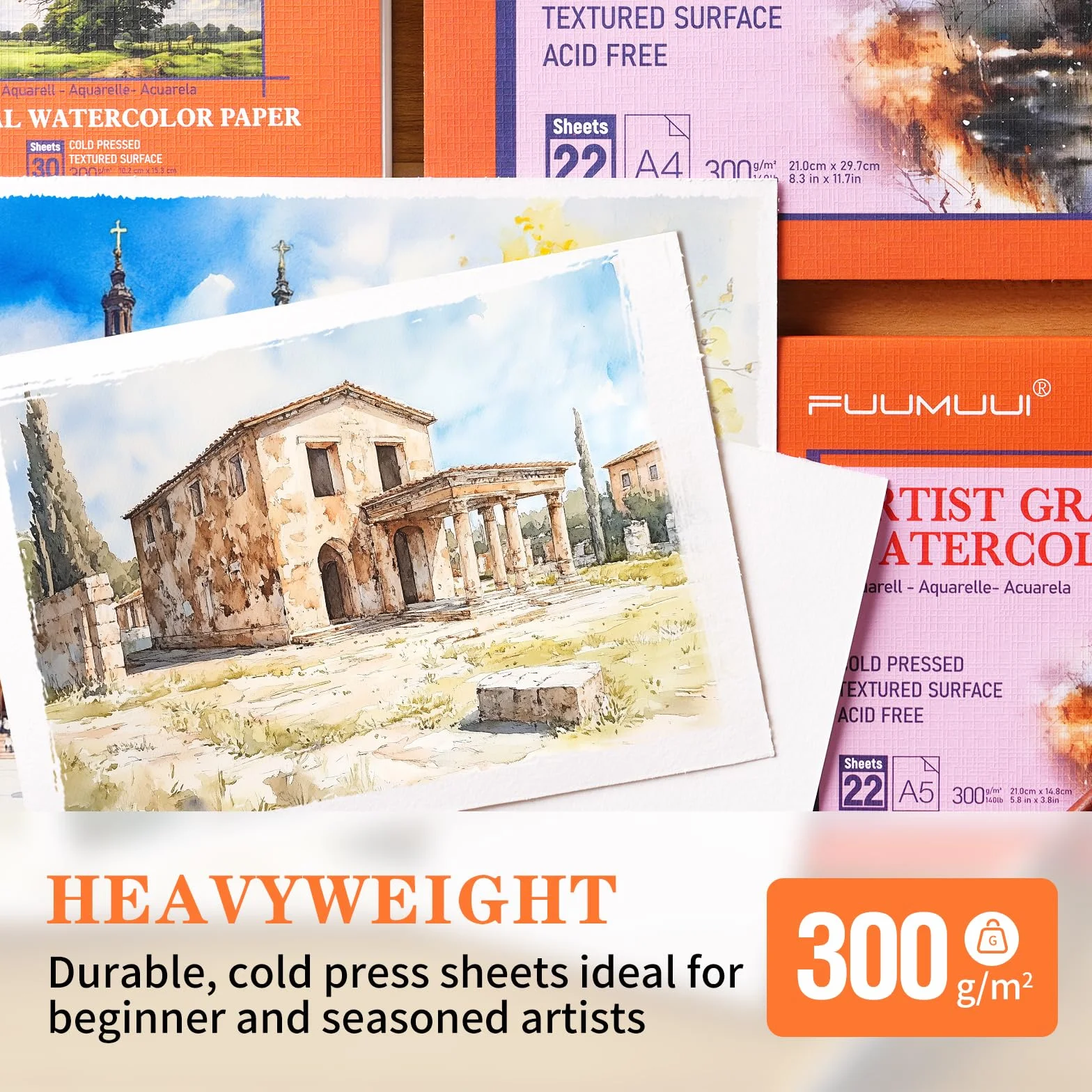 Blok papieru akwarelowego, 100% bawełny, A4 – 22 arkusze 300 g/m², wysokiej jakości papier akwarelowy, tłoczony na zimno i klejony, blok akwarelowy, DIN A4, idealny do malowania akwarelowego, rysunku
