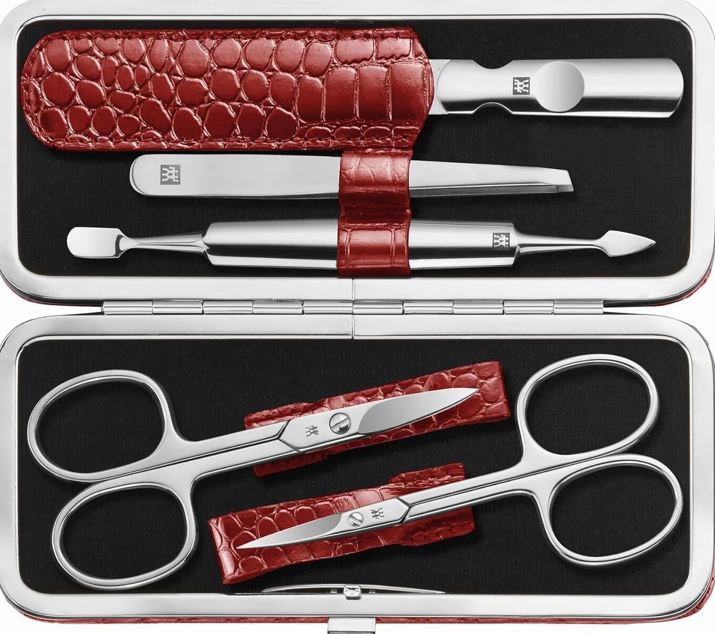 ZWILLING Zestaw do manicure (5 części, do pielęgnacji paznokci u rąk i nóg, etui z prawdziwej skóry z metalową ramką), polerowana stal nierdzewna, edycja krokodyla, czerwony