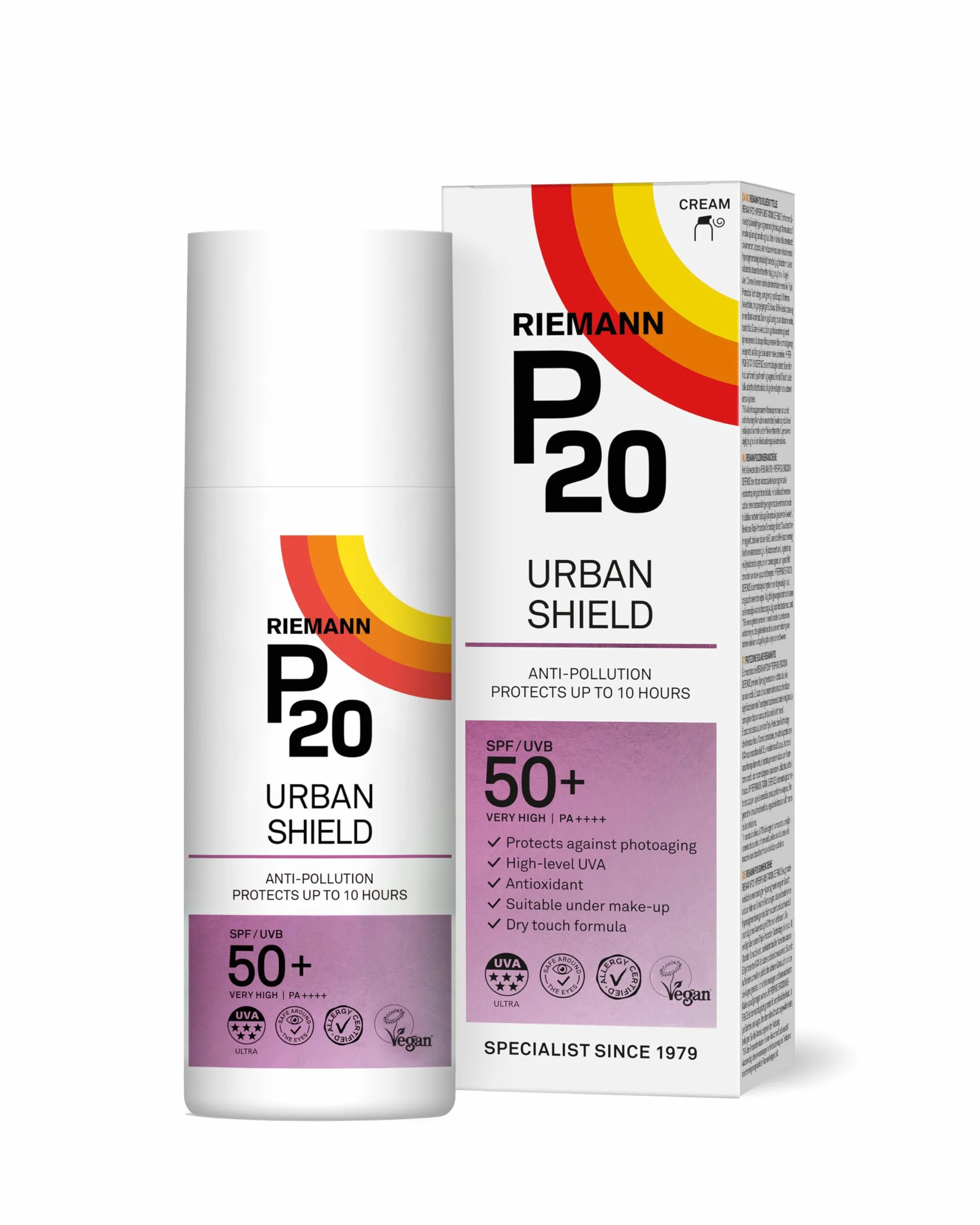 P20 Filtr przeciwsłoneczny SPF 50+, Urban Shield, ochrona przeciwsłoneczna do 10 h, technologia potrójnej ochrony, ochrona przed promieniowaniem UVA/UVB, antyoksydant z witaminą C+E, odporny na wodę i