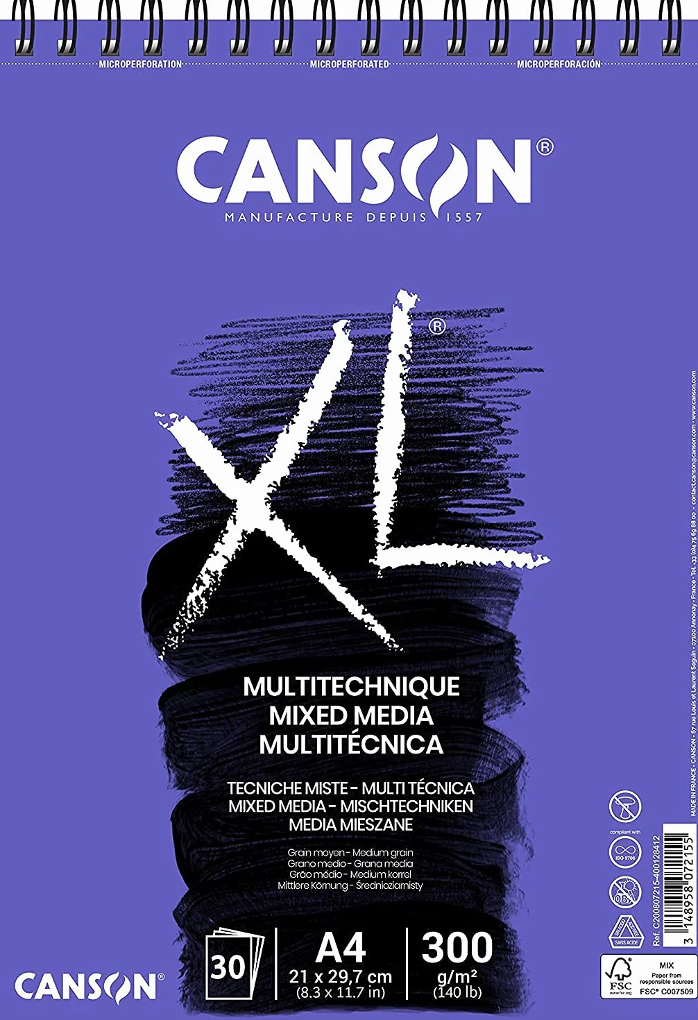 Canson XL Mixed Media blok do technik mieszanych na spirali, A4, 30 arkuszy, 300 g/m², średnioziarnisty