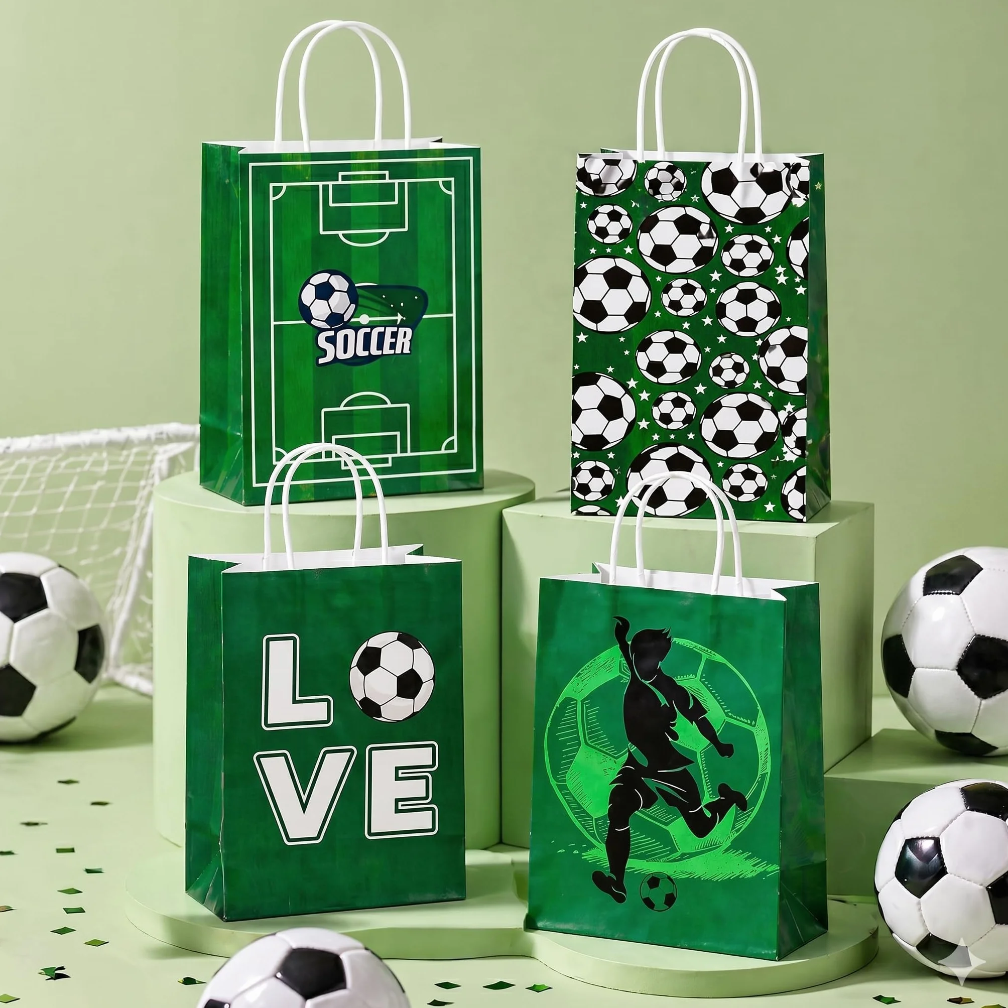 HOMAVEL 12 szt. papierowych torebek na imprezę piłkarską, 15 x 8 x 21 cm, zielone torebki na prezenty w 4 wzorach, solidne torby na smakołyki z uchwytami na mistrzostwa świata, urodziny dzieci