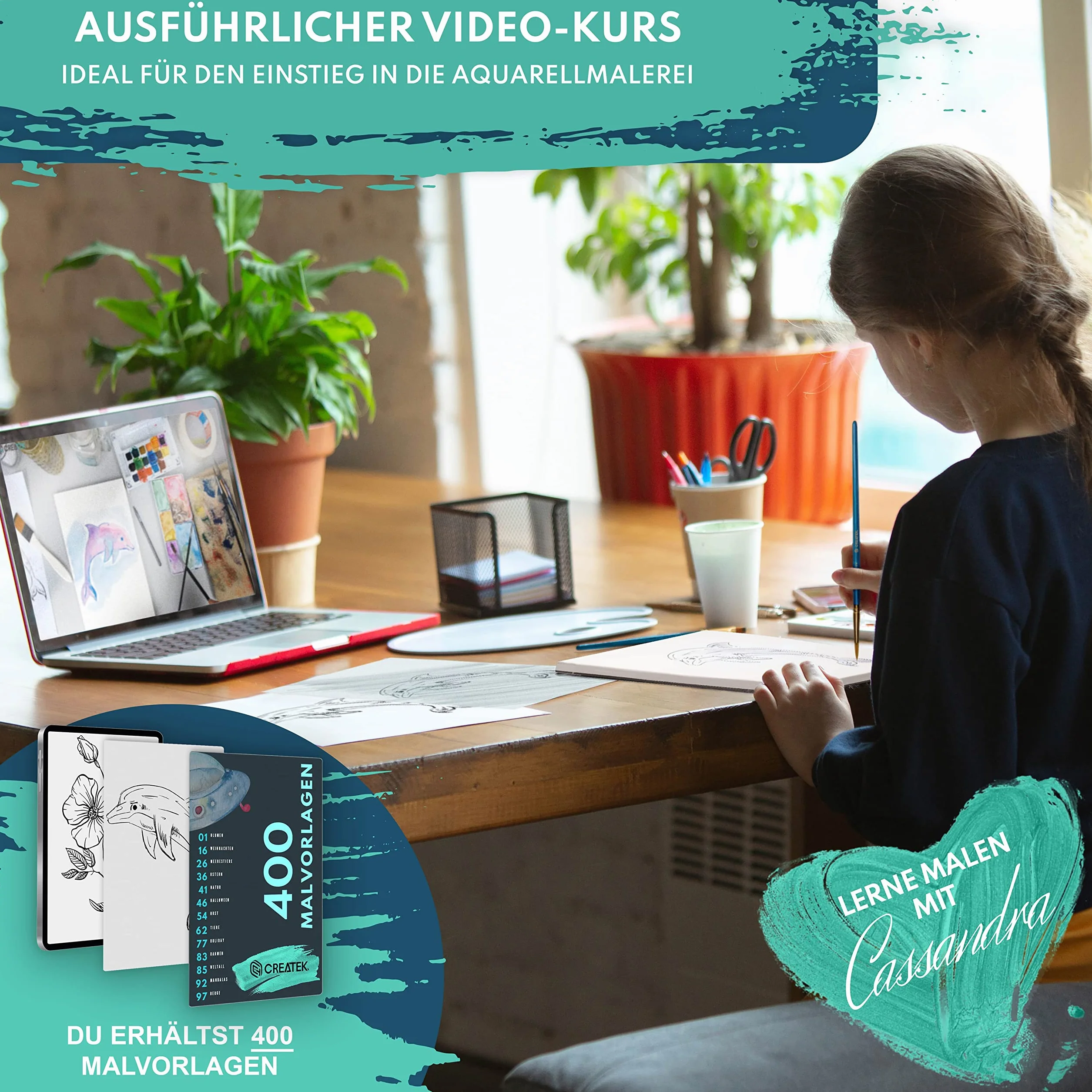 CreaTek Papier akwarelowy A4 300 g, w zestawie 2-godzinny kurs wideo, 30 arkuszy bloków akwarelowych + 2 pędzle + ołówek + 400 szablonów do malowania - farby akwarelowe