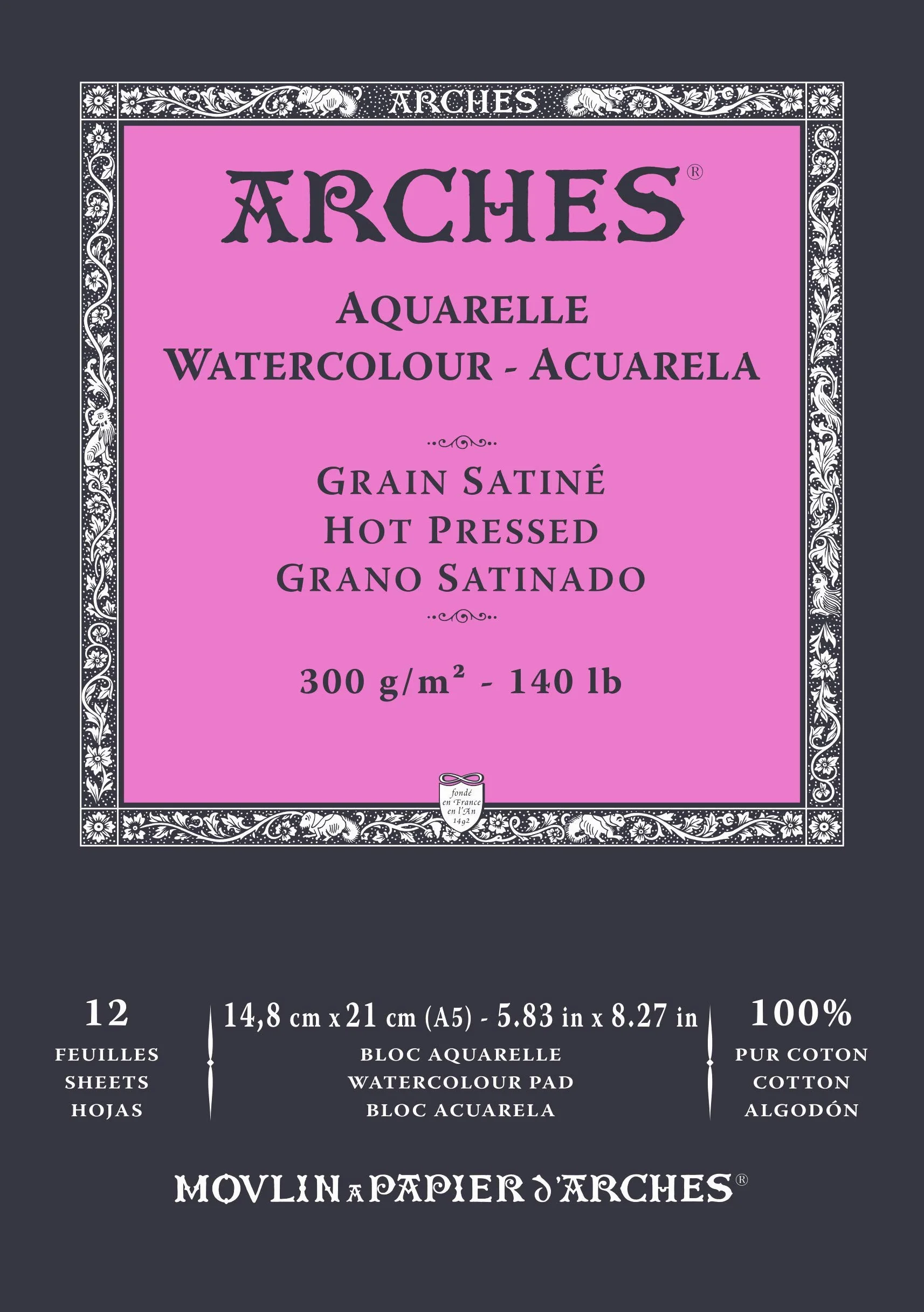 Bloc Enc 14,8x21 12H Arches Aquarelle 100% Satin 300g Blanc Nat