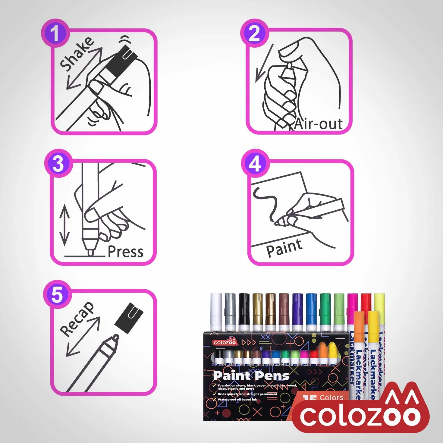 colozoo 15 markerów do malowania na bazie oleju z końcówkami 2-3mm | Trwałe pędzelki do malowania na metalu, plastiku, drewnie, szkła, emalii, samochodach, oponach wodoodporne na zewnątrz