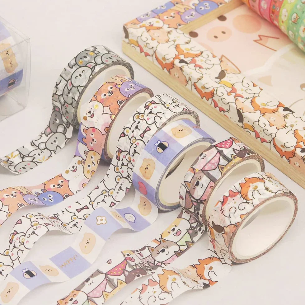 Zestaw uroczych taśm Washi, 18 rolek, złote zdobienie, kawaii, dekoracyjne taśmy maskujące do sztuki, rękodzieła, dzienników, planerów, scrapbookingu, pakowania szczeniąt