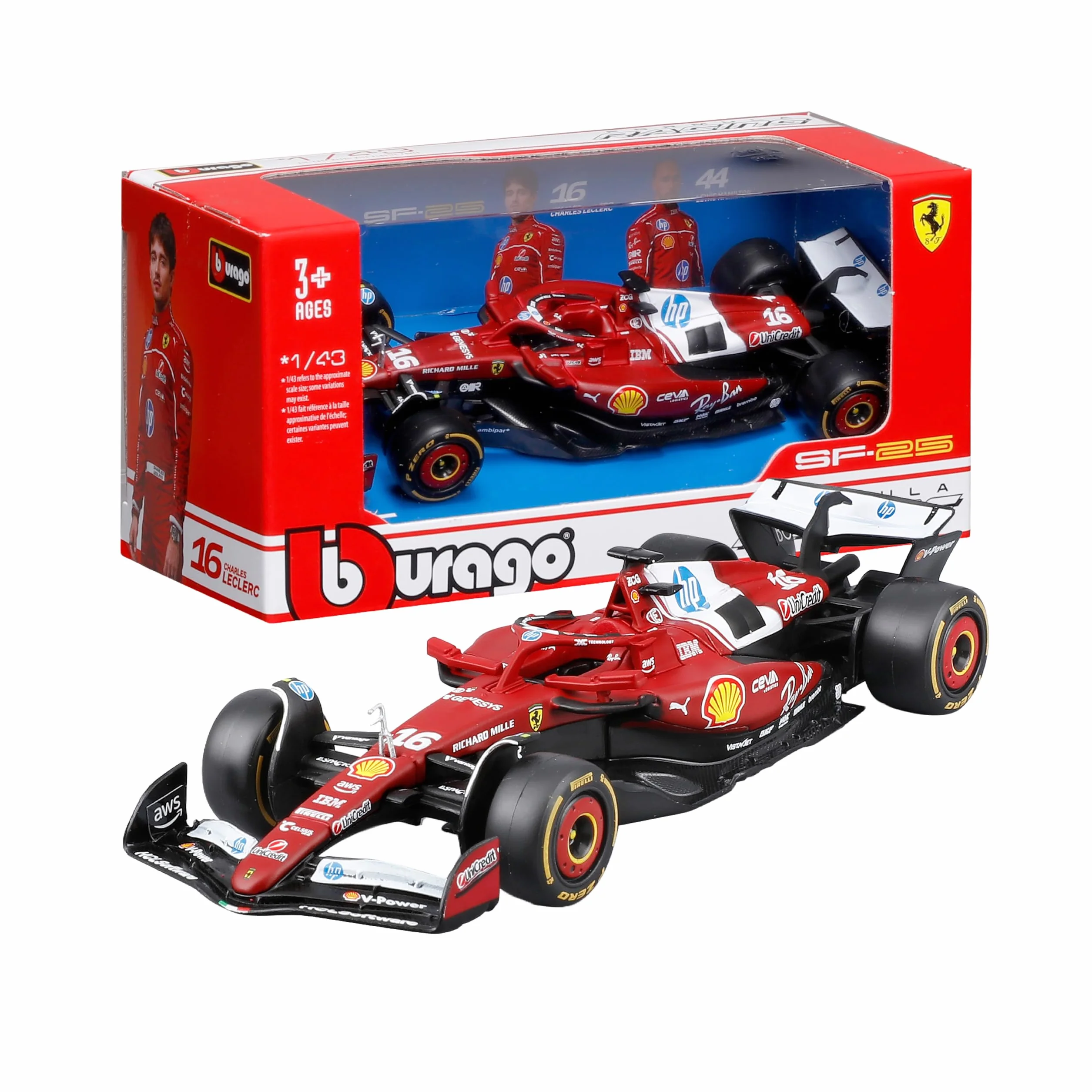 Bburago - Ferrari SF-25 F1 2025#16 Leclerc, samochód diecast w skali 1:43, szczegółowa replika bolidu Ferrari Formuły 1, oficjalna licencja Ferrari, zalecany wiek 3+ lata