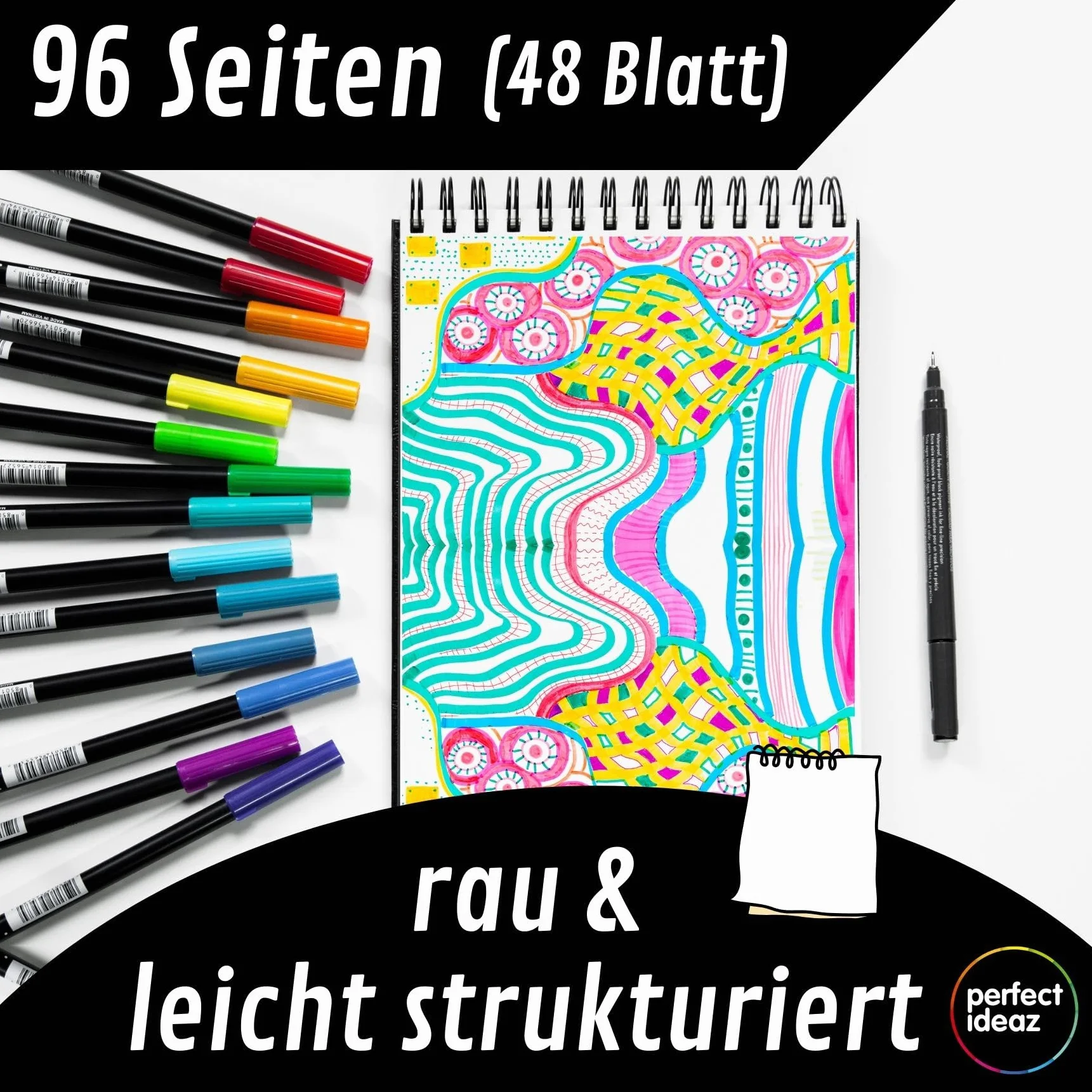 perfect ideaz - Szkicownik DIN-A4 poprzeczny, wiązanie spiralne, certyfikat FSC®, 96 stron (48 arkuszy), twarda okładka, czarny, szkicownik, gruby papier 200 g/m², bezkwasowy