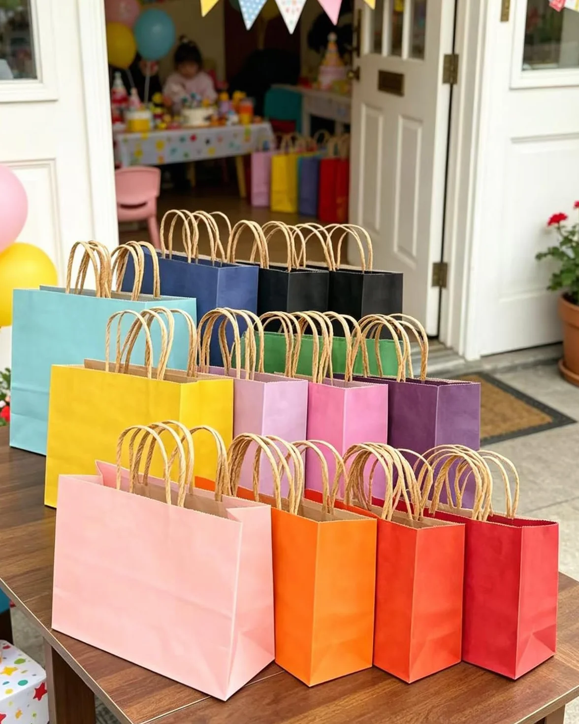 Gcardist 100 sztuk dużych torebek na prezenty z papieru z uchwytami – 32 cm × 11 cm × 25 cm, torebki na imprezę z papieru kraft – 16 jednolitych kolorów
