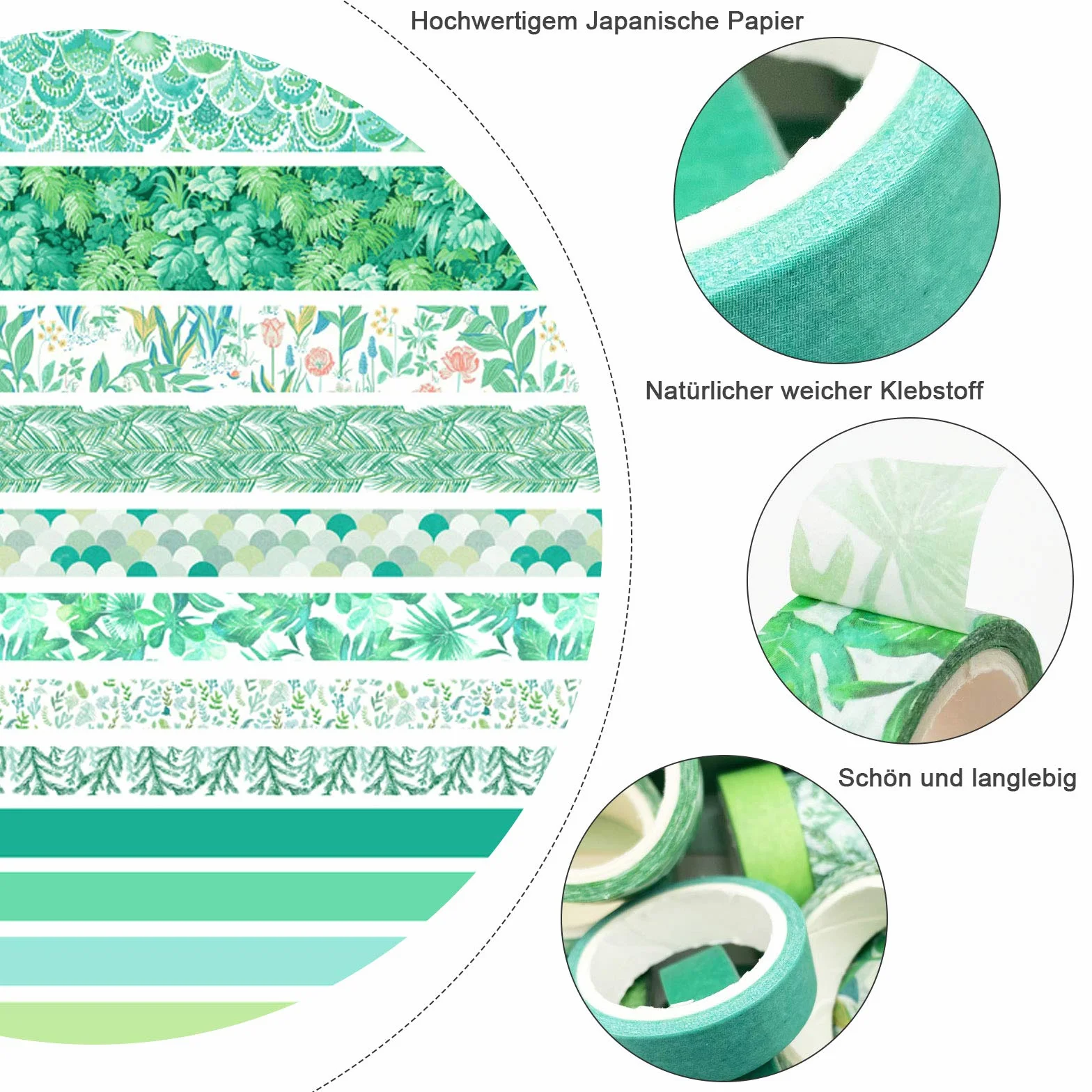 Taśma Washi, taśma maskująca Washi zestaw do majsterkowania, pastelowa ozdobna taśma klejąca, 12 rolek Verschieden Mustern, Grüne Mintze
