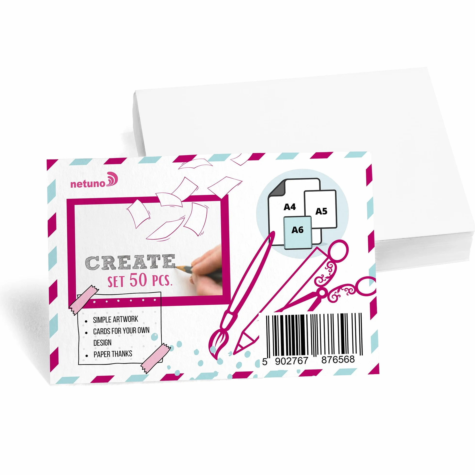 Netuno karton Bristol, 50 sztuk, białe kartki, DIN A6, 10,5 x 14,8 cm, 250 g, białe kartki, puste kartki, zestaw, papier do majsterkowania, karton do majsterkowania, gruby papier kartonowy, karton do