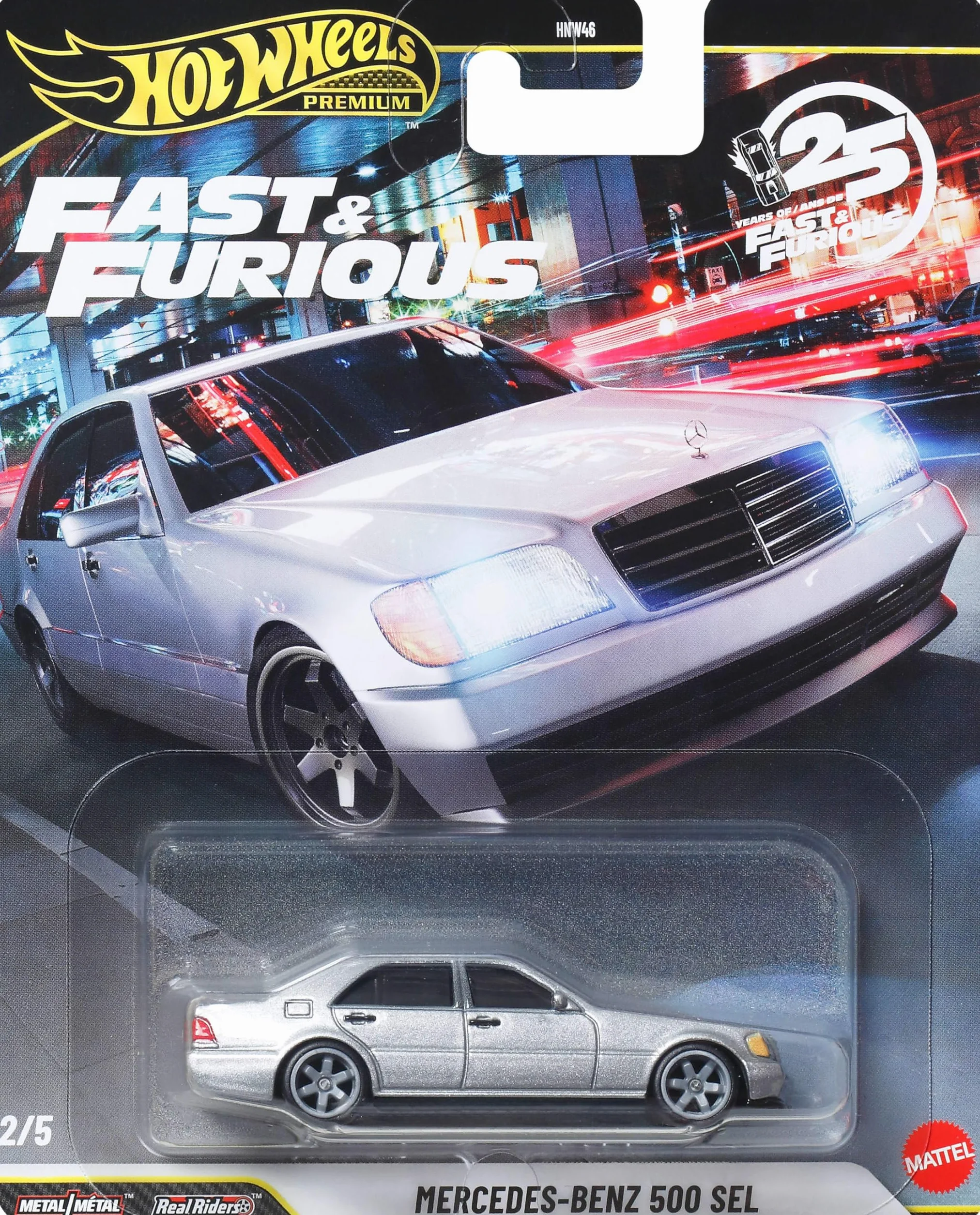 Hot Wheels Premium Fast & Furious Szybcy i wściekli Samochodzik Mercedes-Benz 500 SEL, metalowe auto premium w skali 1:64, inspirowany serią filmową samochód zabawka dla kolekcjonerów, JHW67