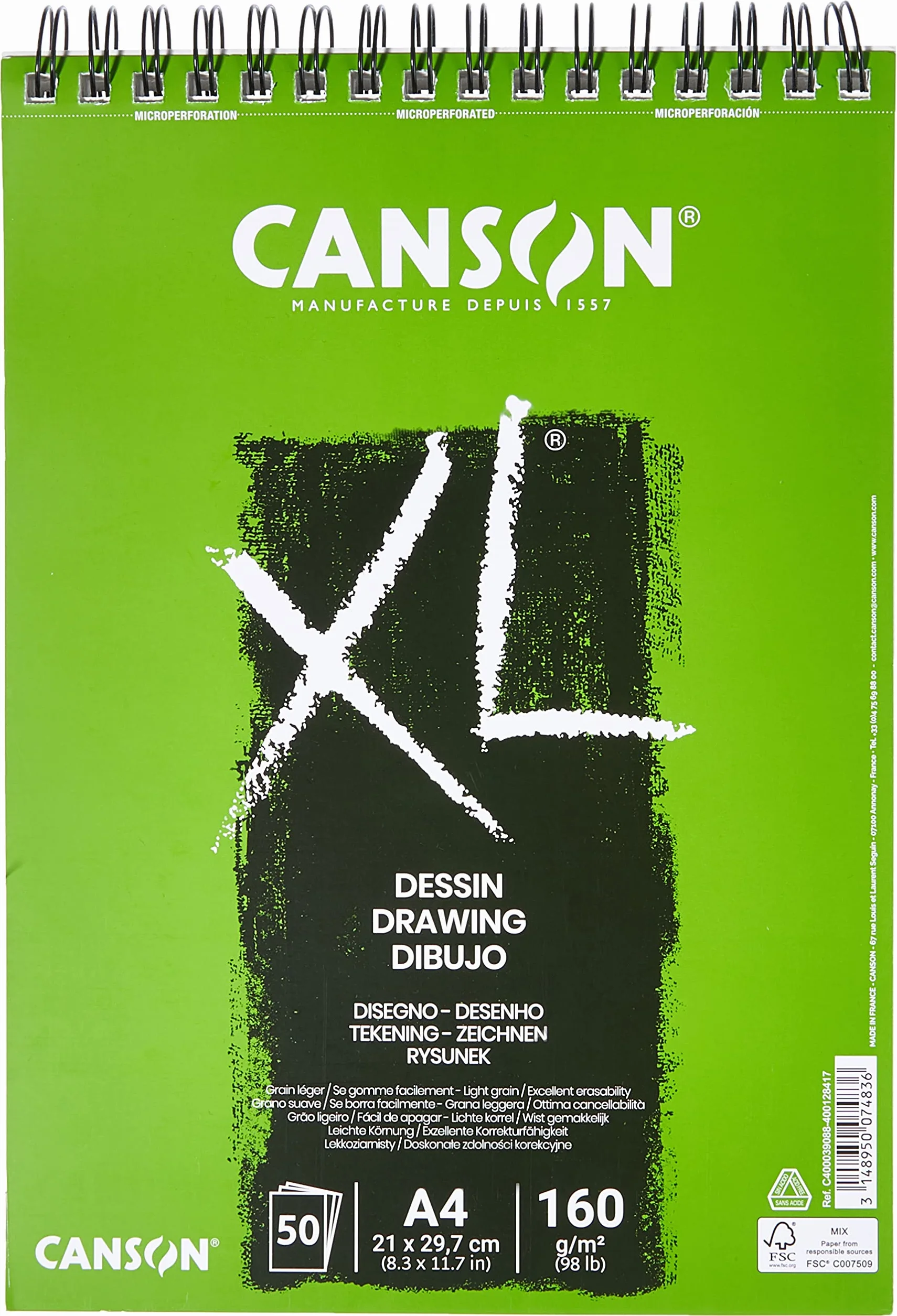 Canson XL Dessin blok do rysunku na spirali, A4, 50 arkuszy, 160 g/m², lekko ziarnisty