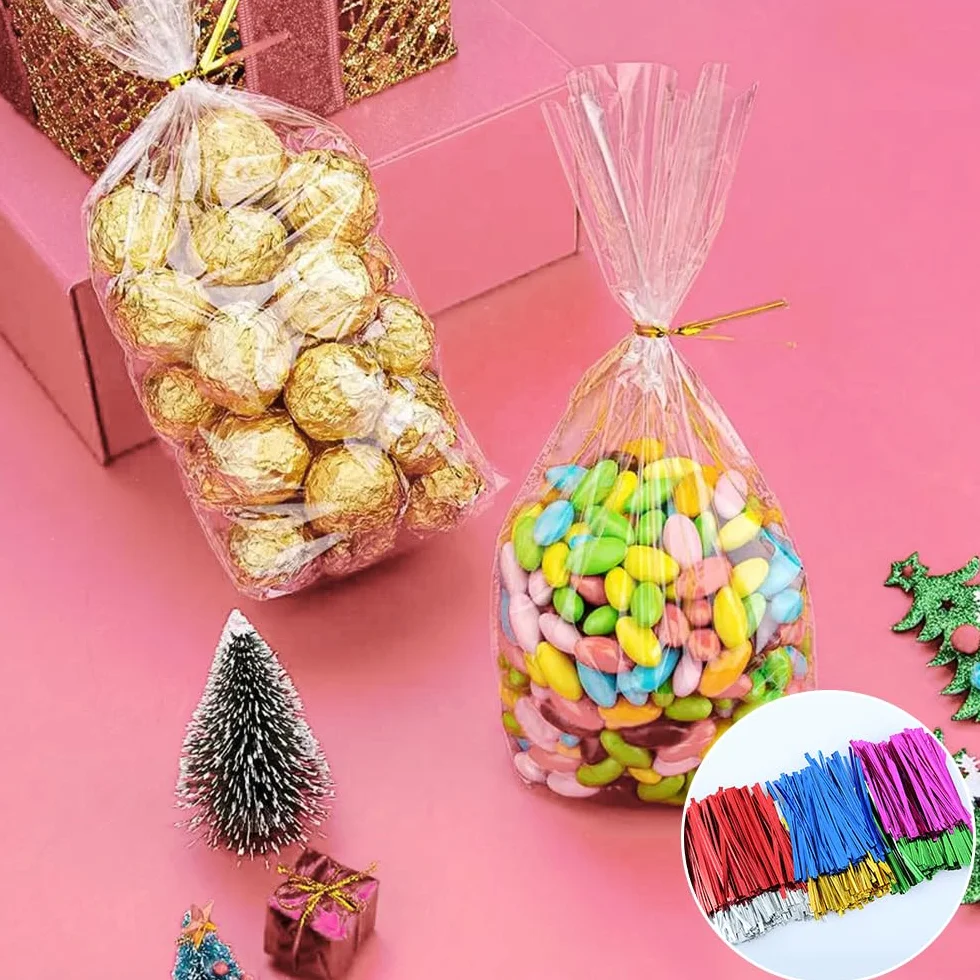 100 sztuk torby celofanowe - 15 x 25 cm przezroczyste torby na słodycze Plastikowe ze kolorowe krawaty twist na prezenty na cukierki Ciastka