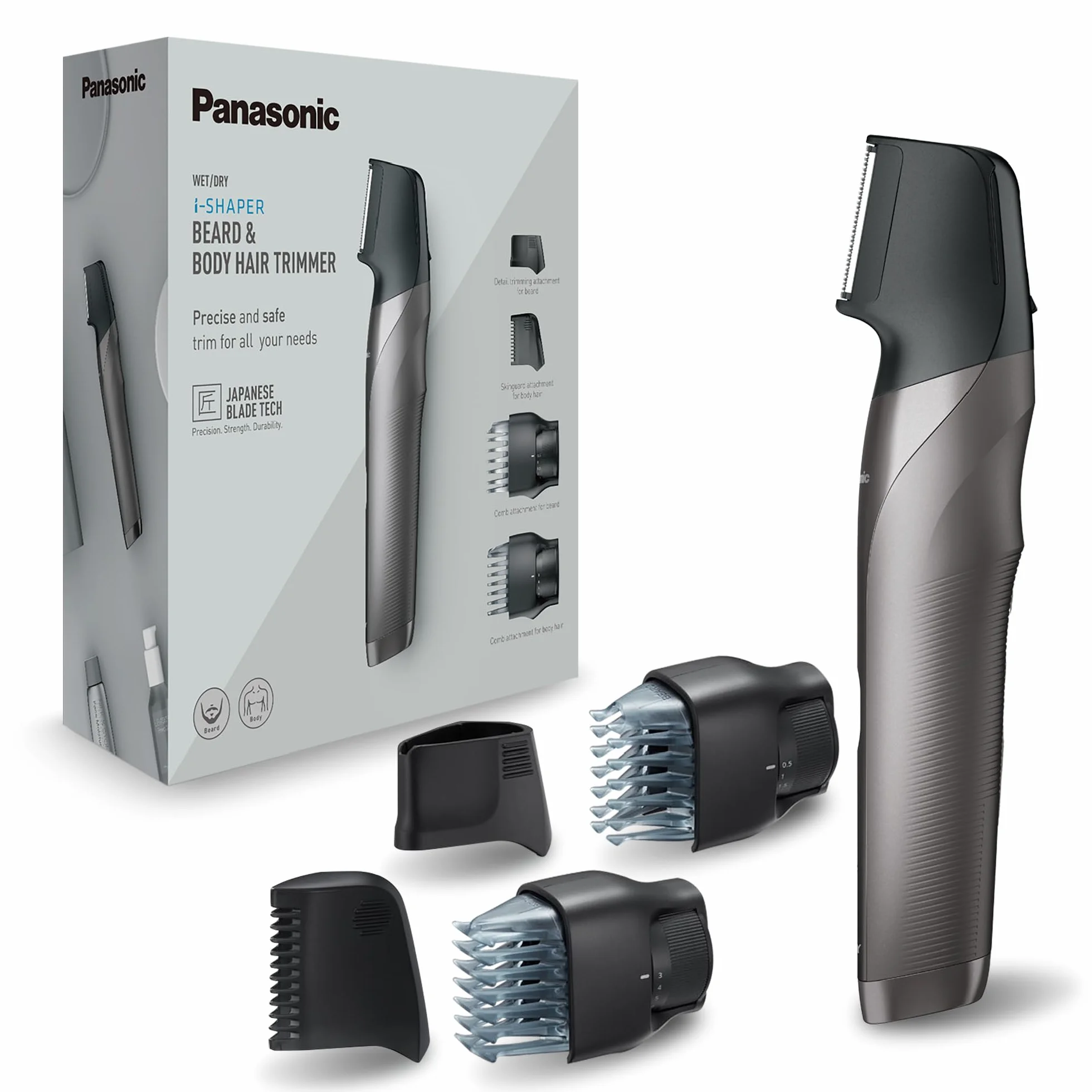 Panasonic ER-GY60 trymer i-SHAPER do brody i ciała (nasadki grzebieniowe, do trymowania detali i chroniąca skórę, ładowanie 1h), szary
