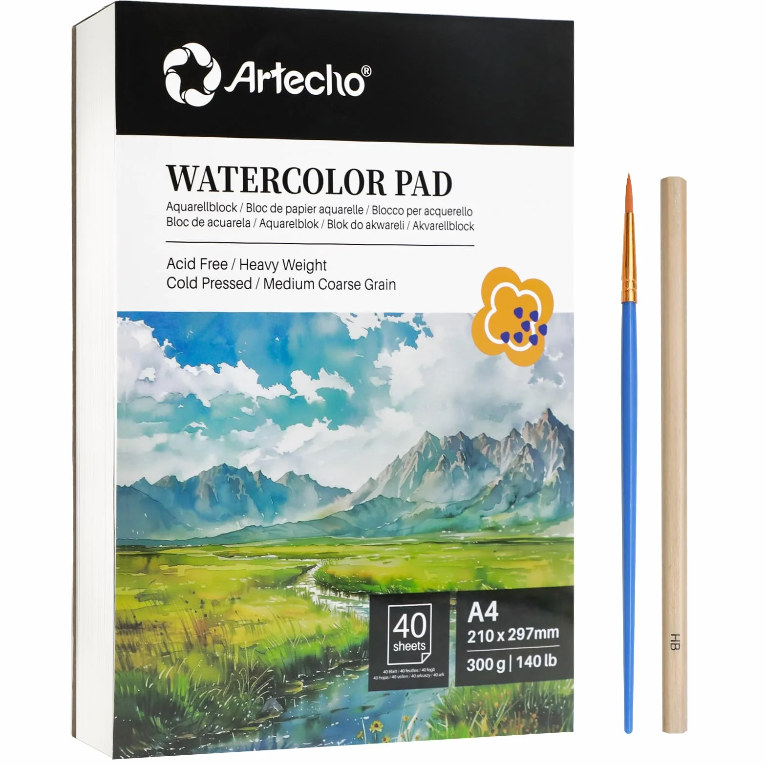 Artecho Blok papieru akwarelowego A4, 40 arkuszy z pędzlem akwarelowym i ołówkiem, papier akwarelowy 300g/m², blok papieru artystycznego, szkicownik akwarelowy do malowania, rysowania, szkicowania i