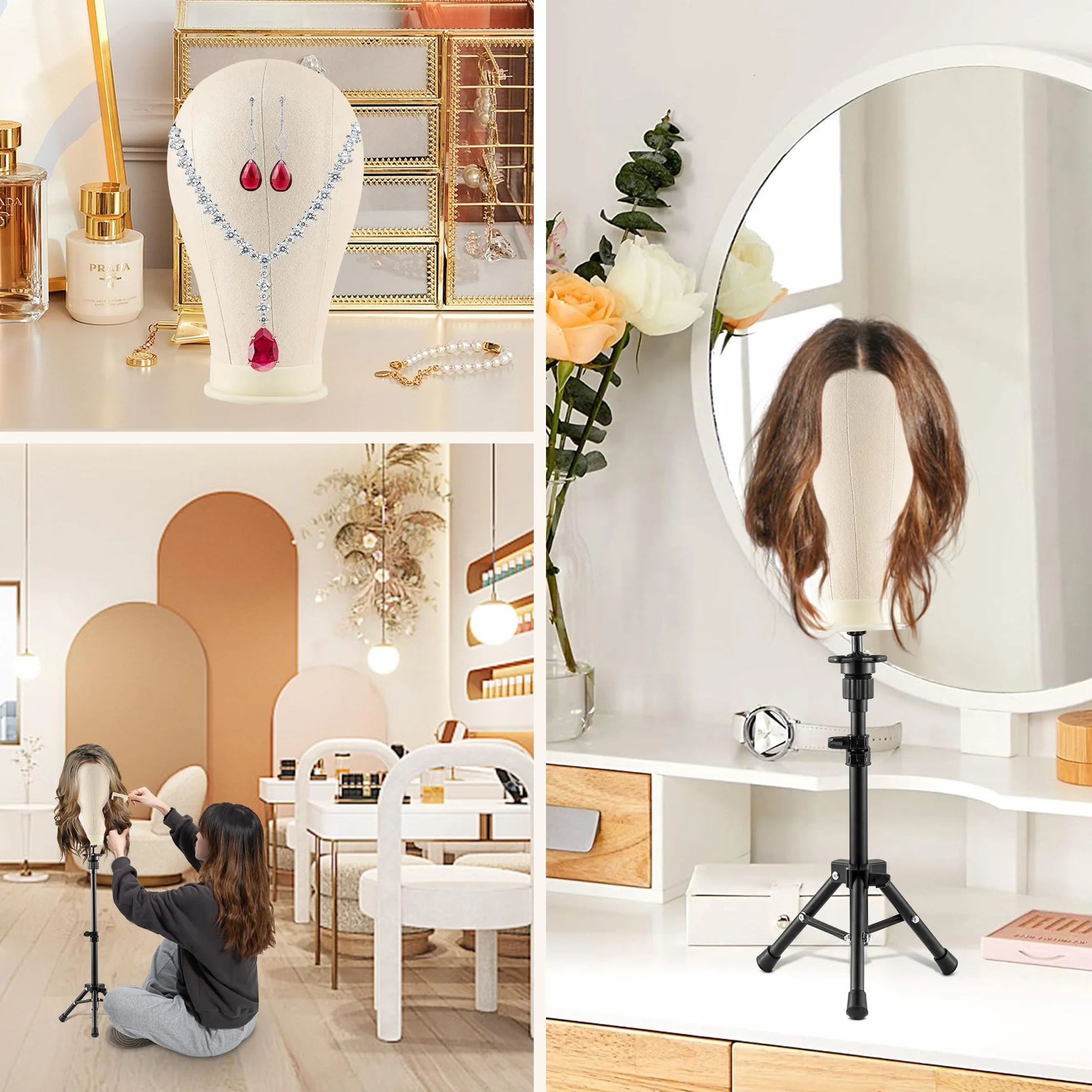 Statyw pod perukę 58 cm z głową, głową peruki i zestawem stojaka, do produkcji peruki stołowej, wyświetlacz, zawiera klipsy nasadkowe, szpilki w kształcie litery T, igły C, torba do przenoszenia