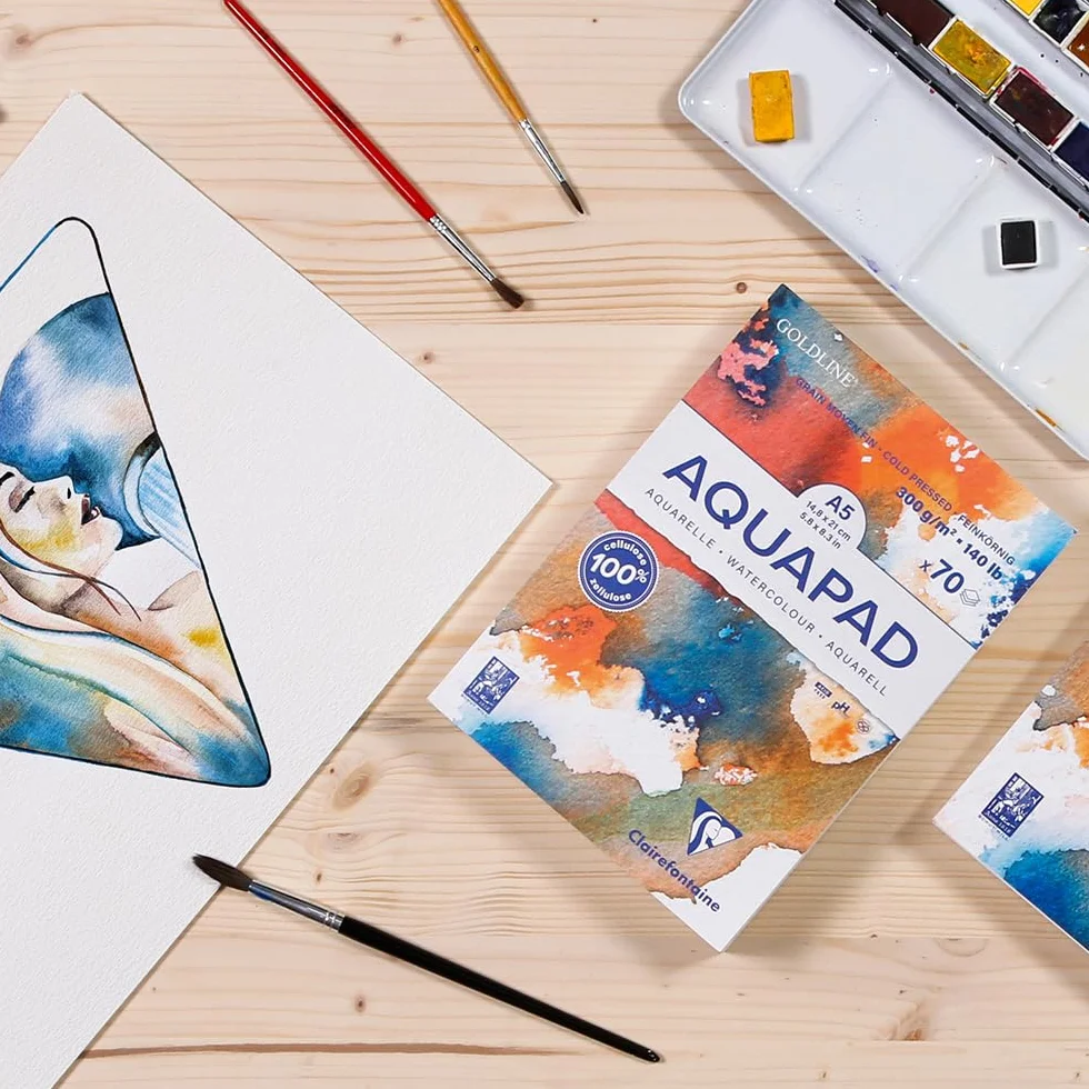 Clairefontaine 975720C – Blok klejony Goldline Aquapad – 70 arkuszy papieru akwarelowego biały, średnioziarnisty – A5 (14,8 x 21 cm), 300 g