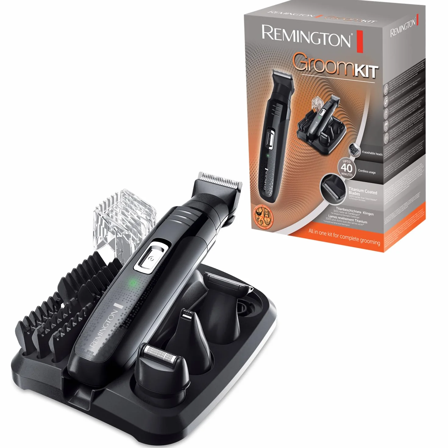 Remington trymer do brody i ciała, ostrza pokryte tytanem, 5 nakładek 1.5-12mm, regulowany grzebień 2-20m, nakładka foliowa, trymer do ciała, nosa i uszu, zmywalna głowica, czarny, GroomKit PG6130