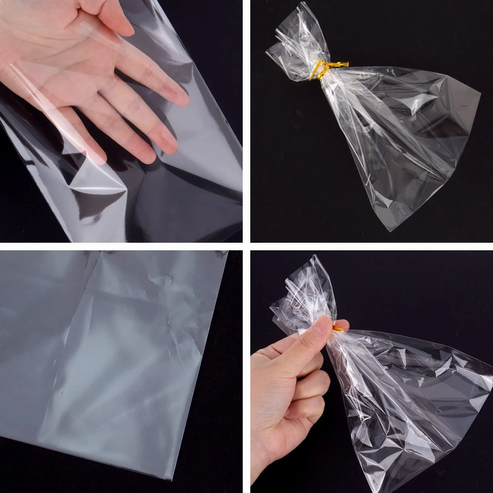 Torby celofanowe, 200 sztuk, plastikowa, 15 x 20 cm, na ciasteczka z 200 złotymi opaskami kablowymi, przezroczyste torebki na słodycze, na przyjęcie urodzinowe dla dzieci
