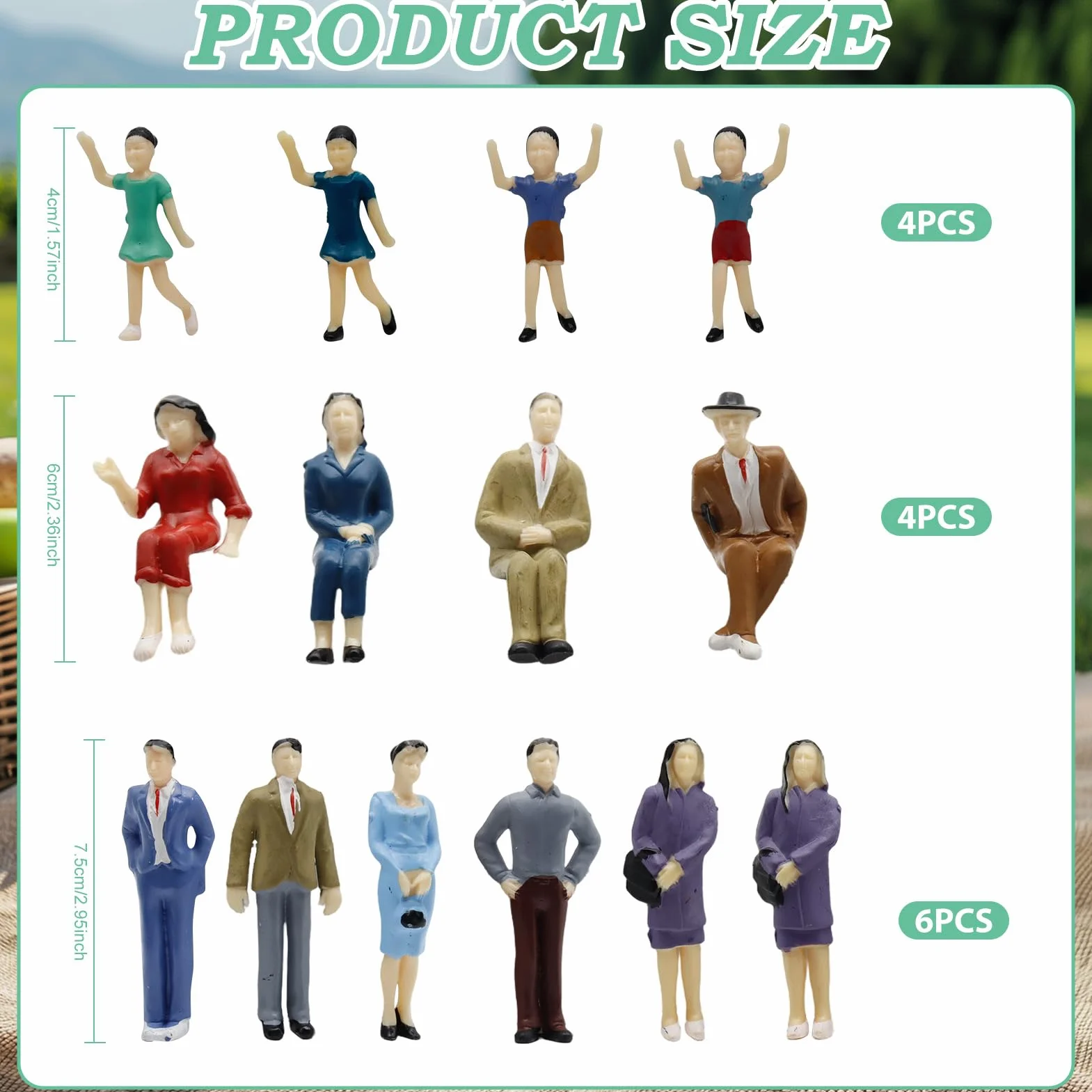 Miniaturki postaci ludzkich, 14 sztuk, skala 1:25, figurki do modeli kolejowych, miniaturowe figurki ludzi, postacie siedzące i stojące w różnych pozach,symulacja scenariusza