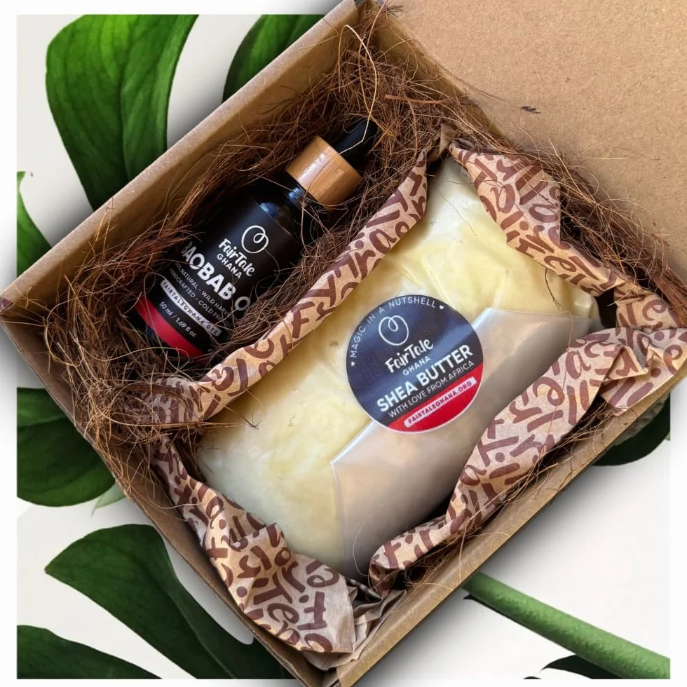 FairTale GHANA Raw African Shea Butter 16oz / 450g + Baobab Oil 1.69 fl oz / 50ml Set