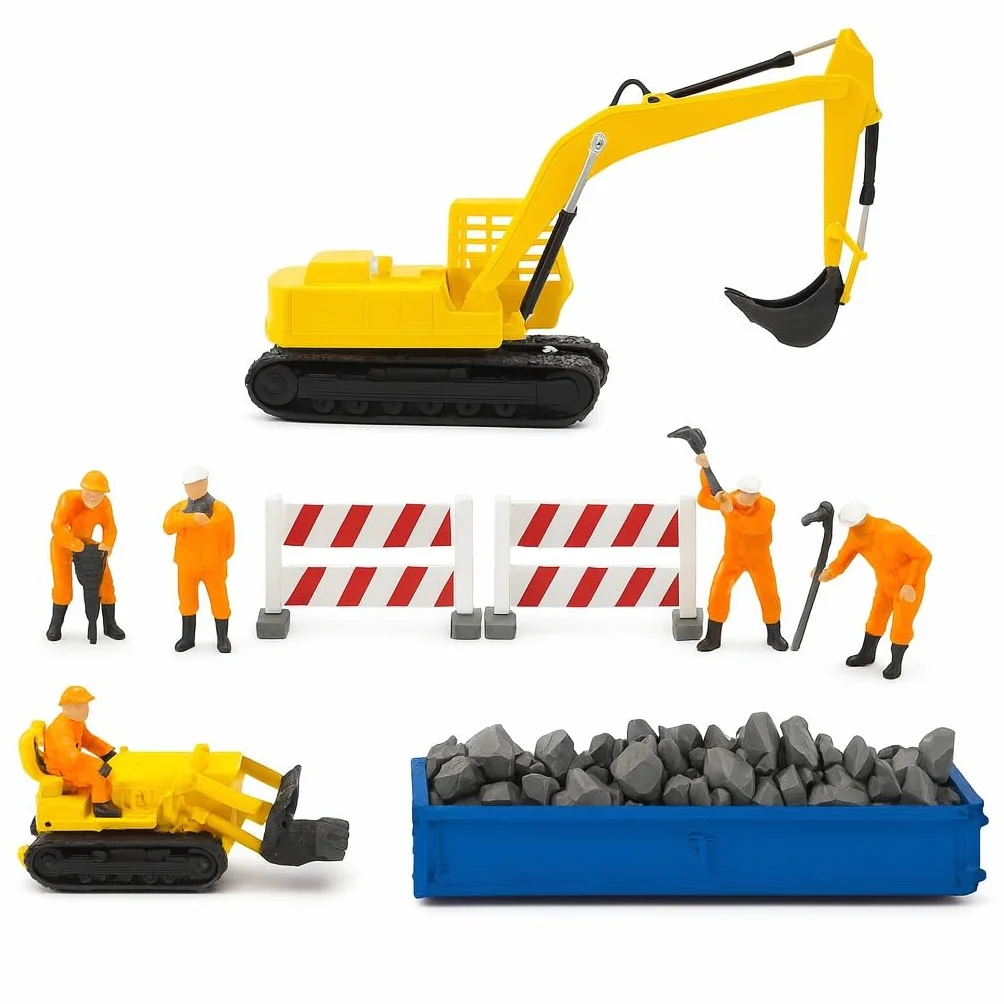 H0 Zestaw budowlany nr 1, 9-częściowy: koparka łańcuchowa, ładowarka gąsienicowa, kontenery gruzu, odgrodzenia i pracownicy budowlani, żywica druk 3D, ręcznie malowana, skala 1:87, produkcja