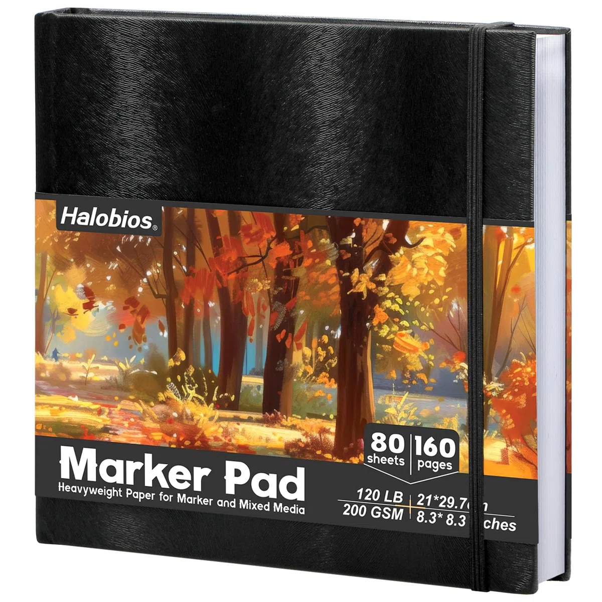 Halobios szkicownik, gruby papier 200 g/m², profesjonalny papier do rysowania markerami dla markerów alkoholowych, akrylu, tuszu i węgla – 21 cm x 21 cm, 80 arkuszy / 160 stron